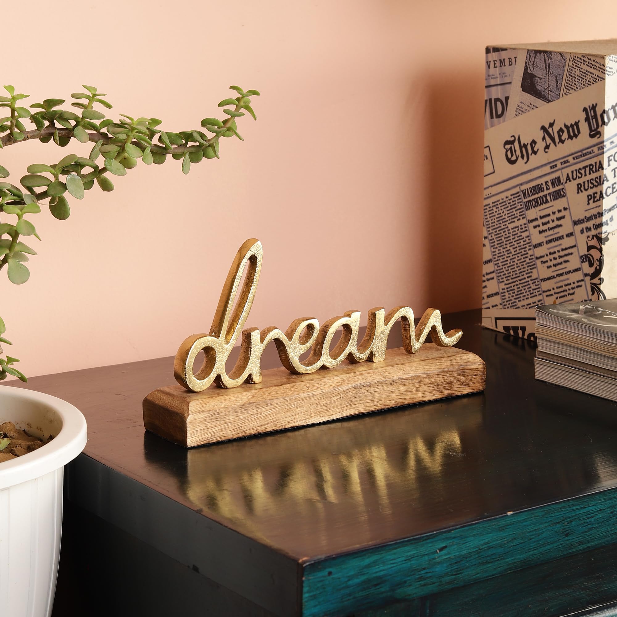 PURESTORY Dream Sign Decor | Decorative Items For Home Living Room | Metal Word Sign with Wooden Base | Gift Items For Home Decoration | Decoration For Library | Tabletop For Gallery & Office - Gold