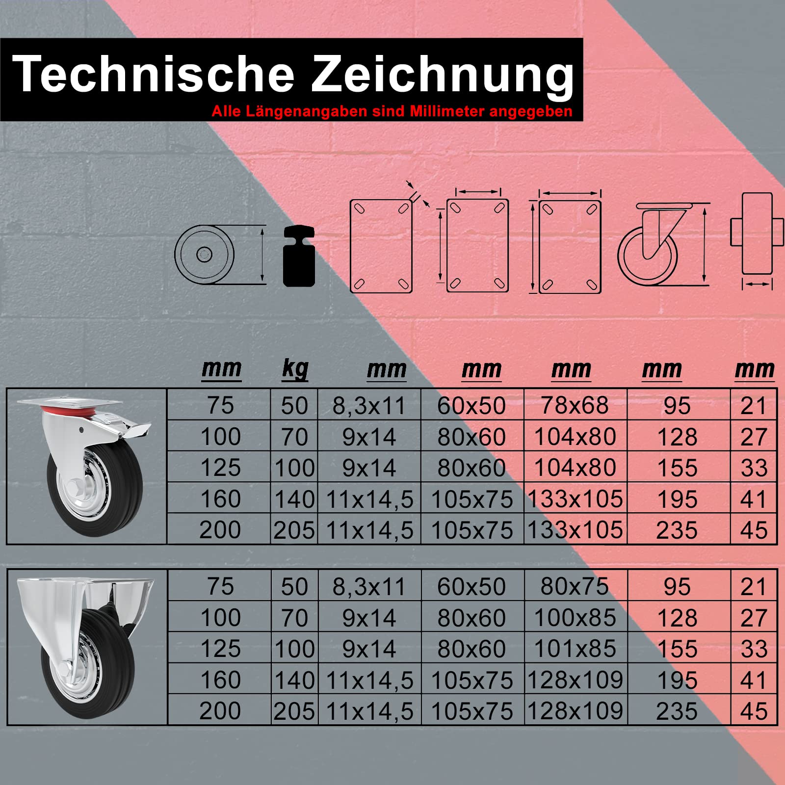 PRIOstahl Transportrollen 125mm 4er Set - Lenkrollen Bockrollen mit Bremse Schwerlastrollen - Möbelrollen Vollgummi schwarz Werkstattrollen
