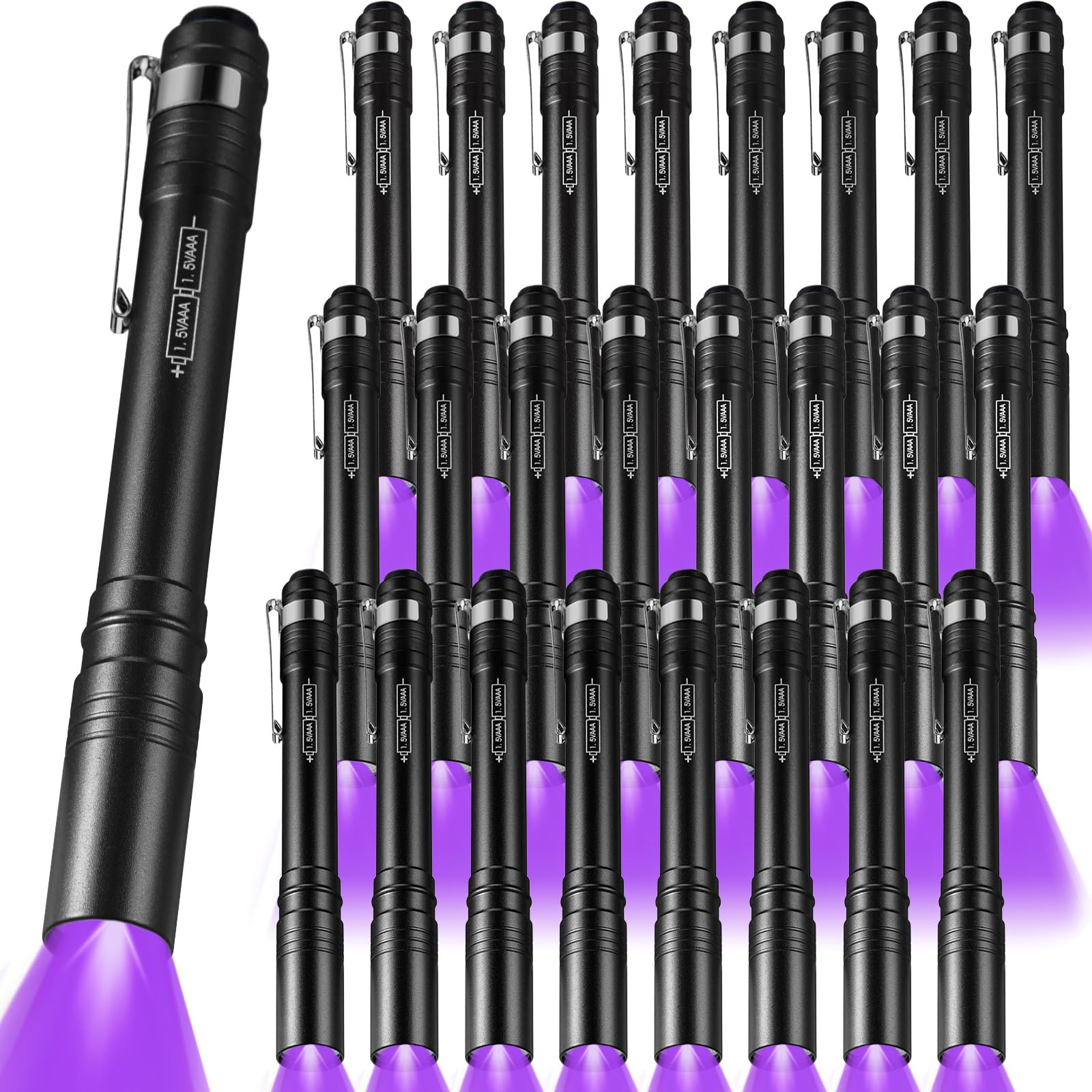 Rossesay Paquete de 24 linternas de luz púrpura UV a granel, luz UV de 395 nm con clip, mini linterna ultravioleta para fugas, orina de mascotas, inspección de hotel, detector de manchas secas y tinte