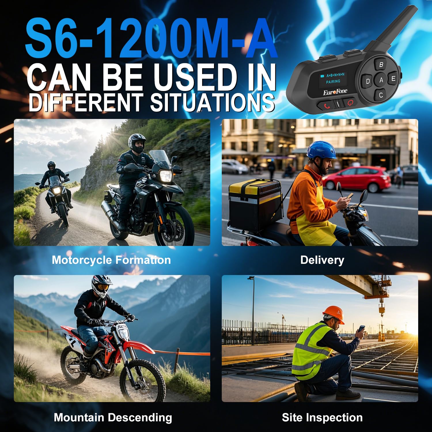 S6-1200-A Casque Bluetooth pour moto 1200 m 2 personnes Full Duplex interphone sans fil pour moto Connectez jusqu'à 6 conducteurs pour la moto, le ski et l'escalade