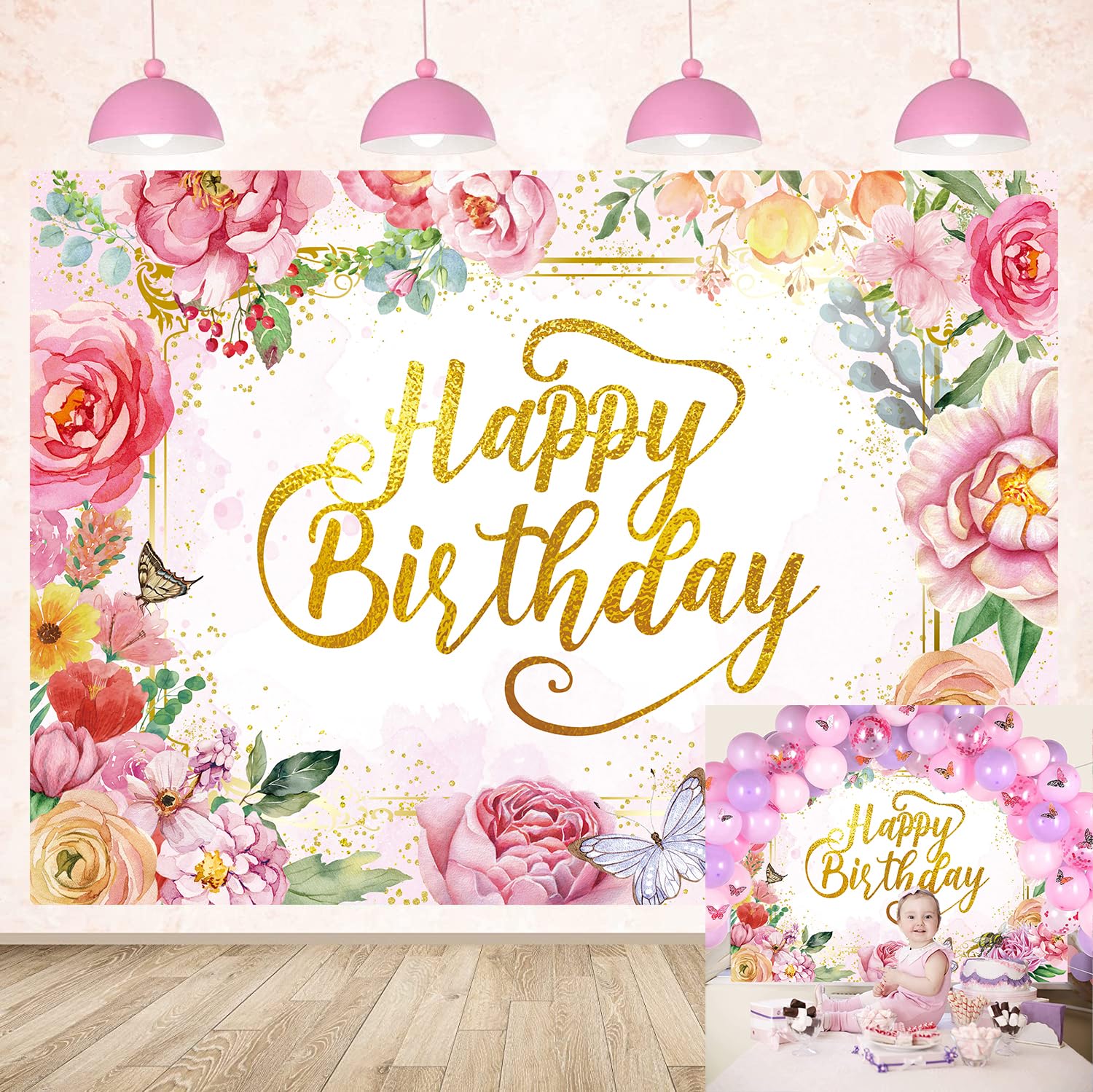Flowers Happy Birthday Backdrop Spring Pink Watercolor Floral Photography Background Women Girls Newborn Kids Adult Birthday Party Wedding Decoration