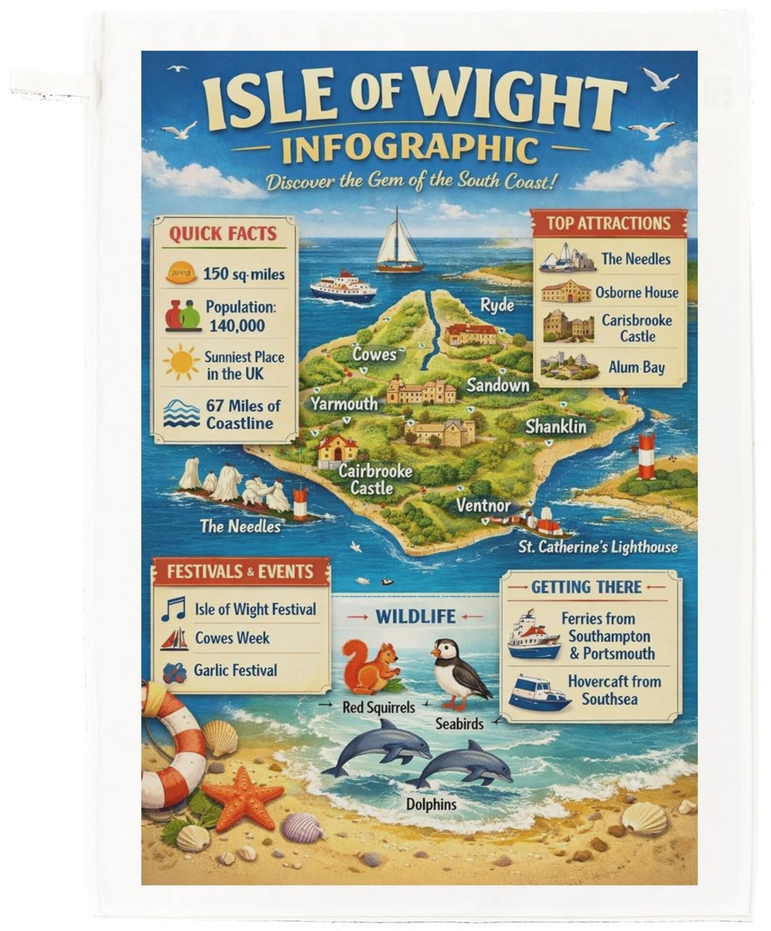 Half A Donkey White Colourful Isle Of Wight Large Cotton Kitchen Towel