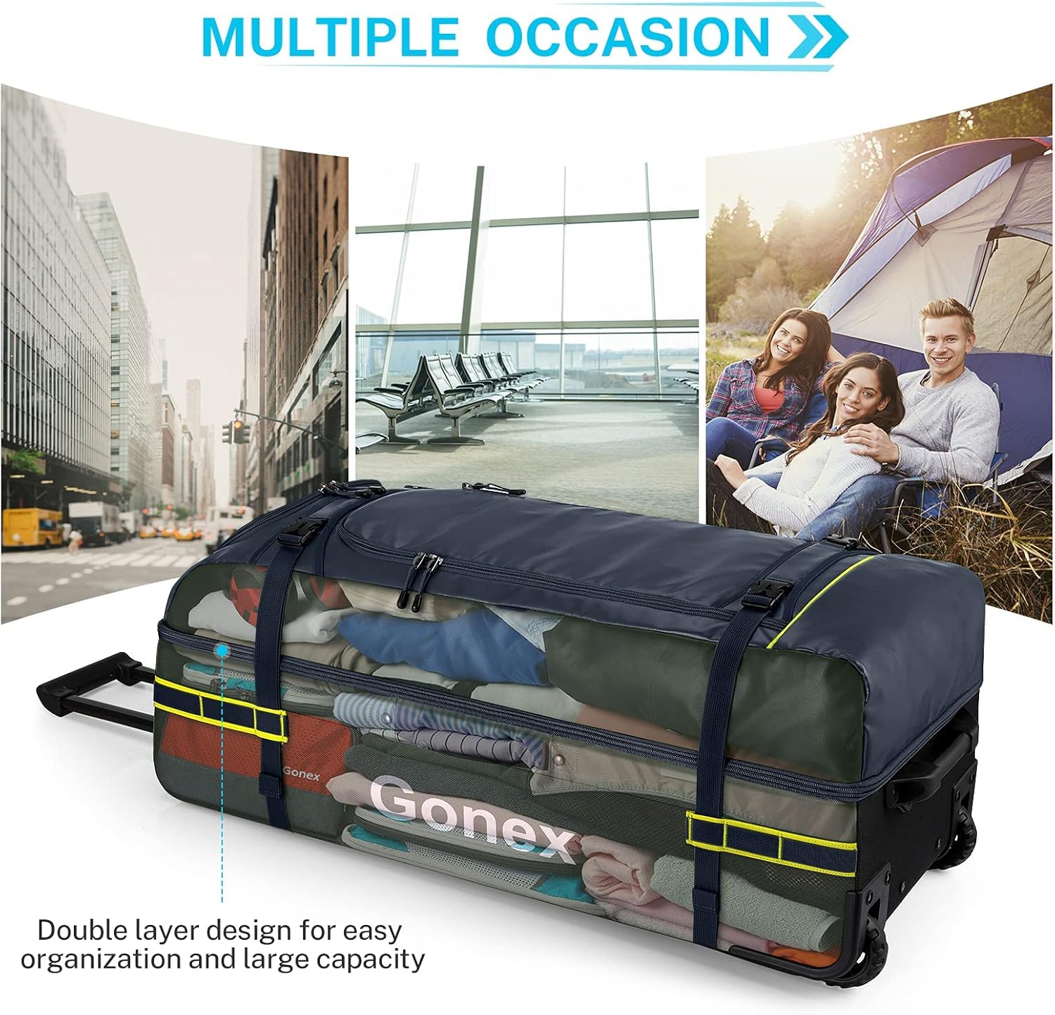 Gonex Rolling Duffle Bag with Wheels, 100L Water Repellent Large Wheeled Travel Duffel Luggage with Rollers 33 inch, Navy Blue