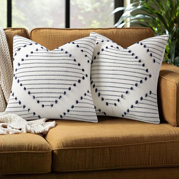 Mecatny Boho Summer Outdoor Throw Pillow Covers 20X20 Set of 2, Farmhouse Decorative Pillow Covers for Couch Sofa Living Room, Navy & Cream White