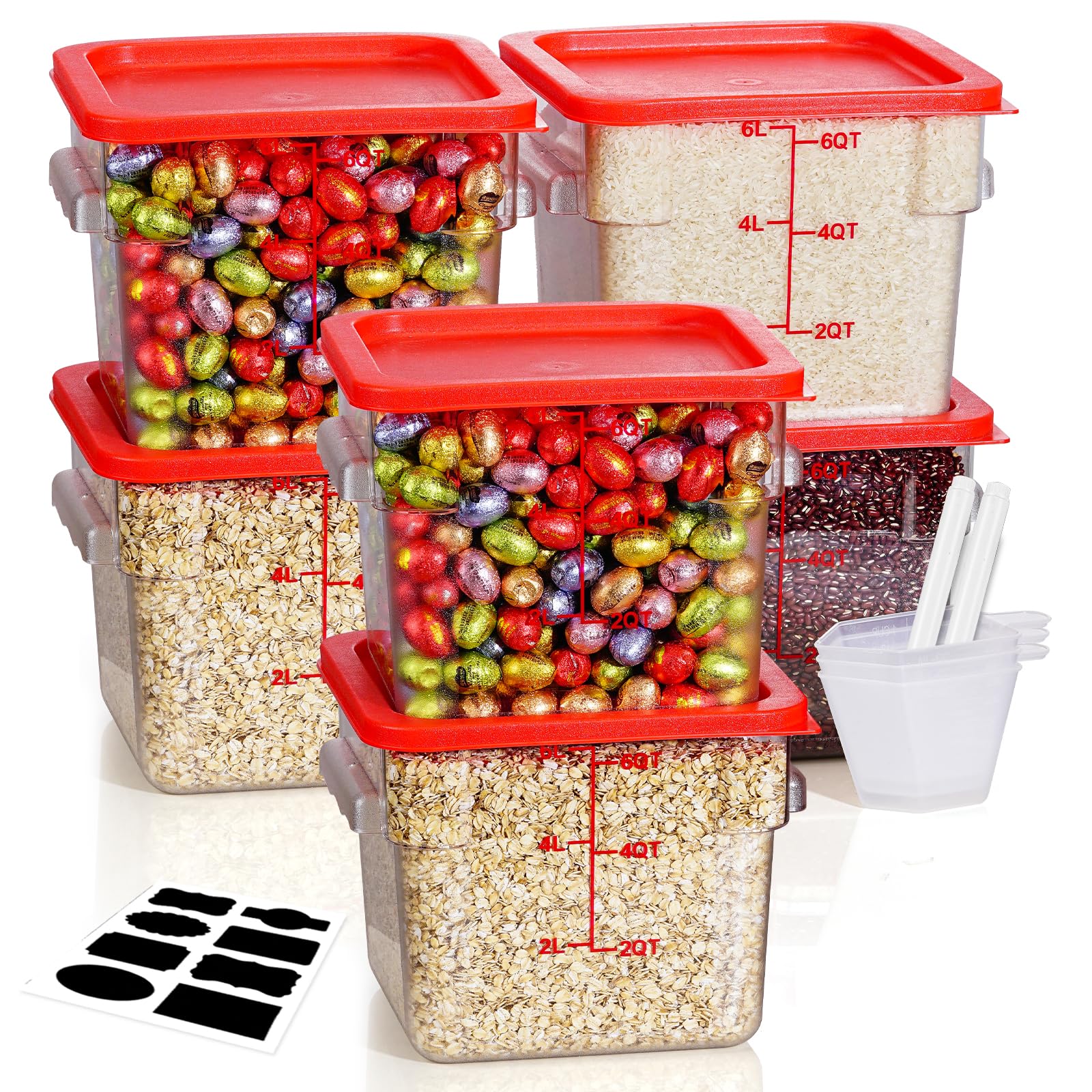 6QT 6PCS NSF Commercial Clear Food Storage Containers with Lids(RED)
