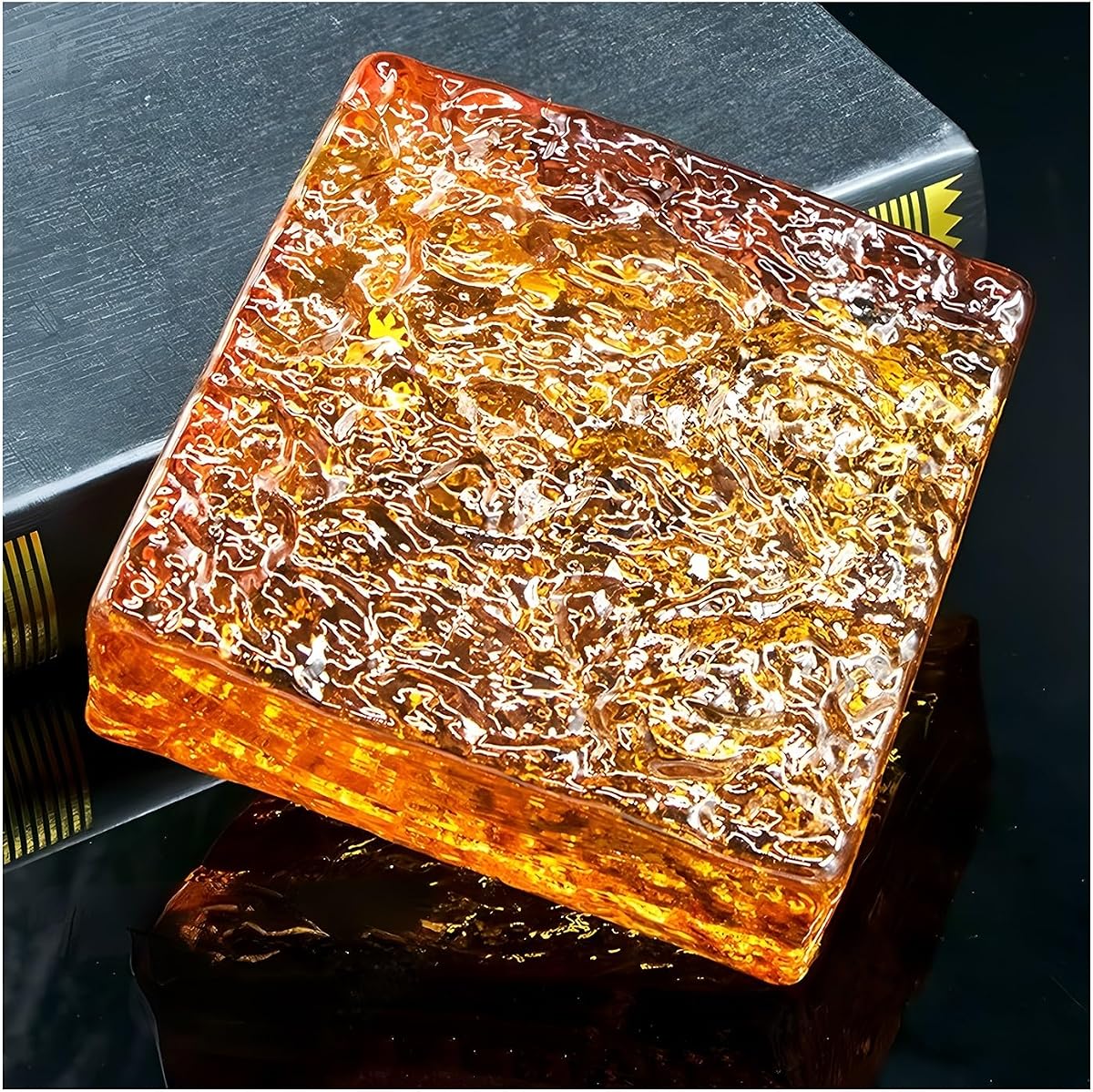 Ladrillos de cristal de lados cuadrados Cristal de hielo Textural Bloques de vidrio de colores transparentes para bar Hoteles Oficina Casa Particiones (naranja, 3.9x3.9x1.9in)