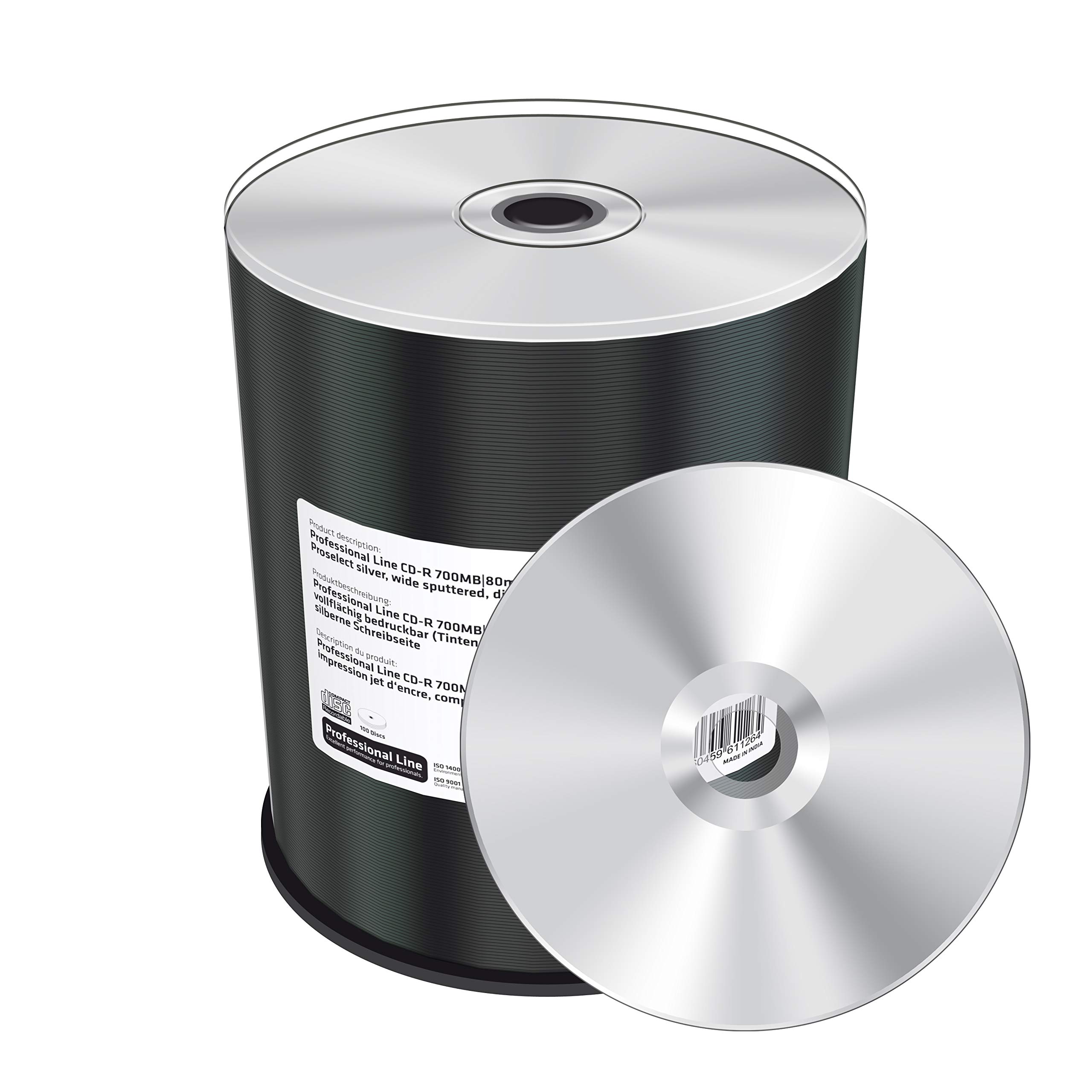 Professional Line CD-R 700 Mb|80 min 52-krotna prędkość zapisu, możliwość drukowania na całej powierzchni (drukarka atramentowa), srebrny, w pełni metalizowana, srebrna strona do pisania, 100 Cake Box
