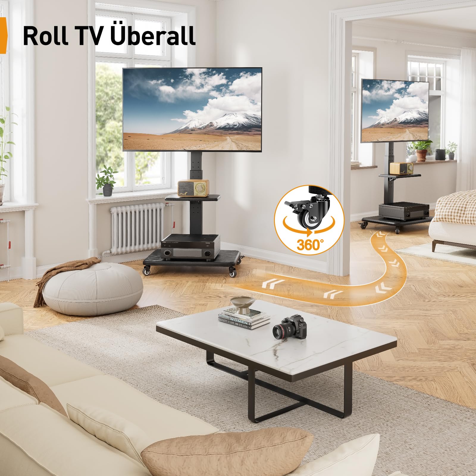 FITUEYES Staande tv-standaard met onzichtbare wielen voor 32-75 inch, universele roterende tv-standaard, hoge tv-standaard met verborgen opslag, verstelbare plank met dubbele kolom, wit