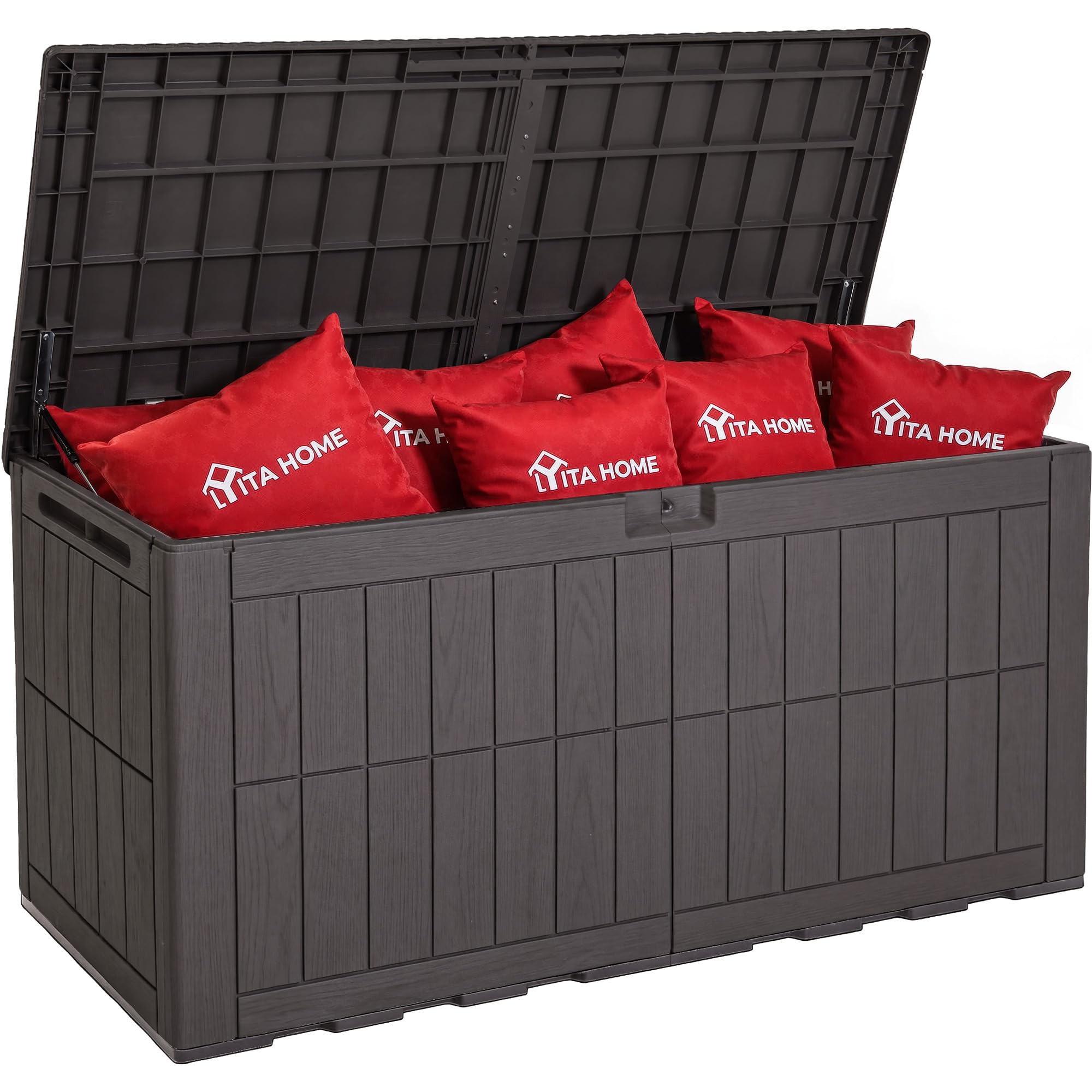 YITAHOME 450L Large Outdoor Garden Storage Box, Waterproof Resin Deck Box with Lock & Hydraulic Piston, 2-Person Bench Seat for Patio Cushions & Garden Tools, UV-Resistant & Weatherproof, Dark Brown