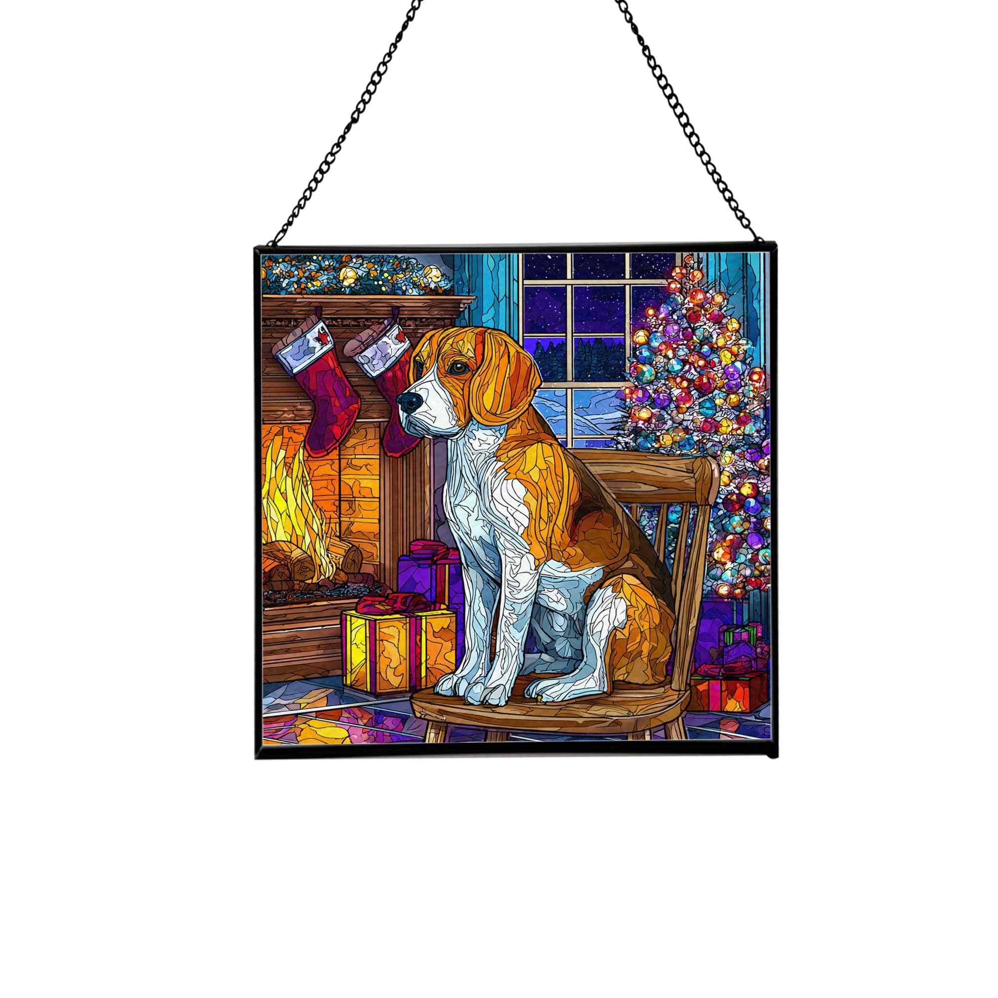 Beagle Christmas Stained Glass Suncatcher – Square Hanging Holiday Window Panel with Cozy Fireplace Scene – Winter Glass Art Decoration Gift for Animal Lovers, Pet Owners GqxU0p