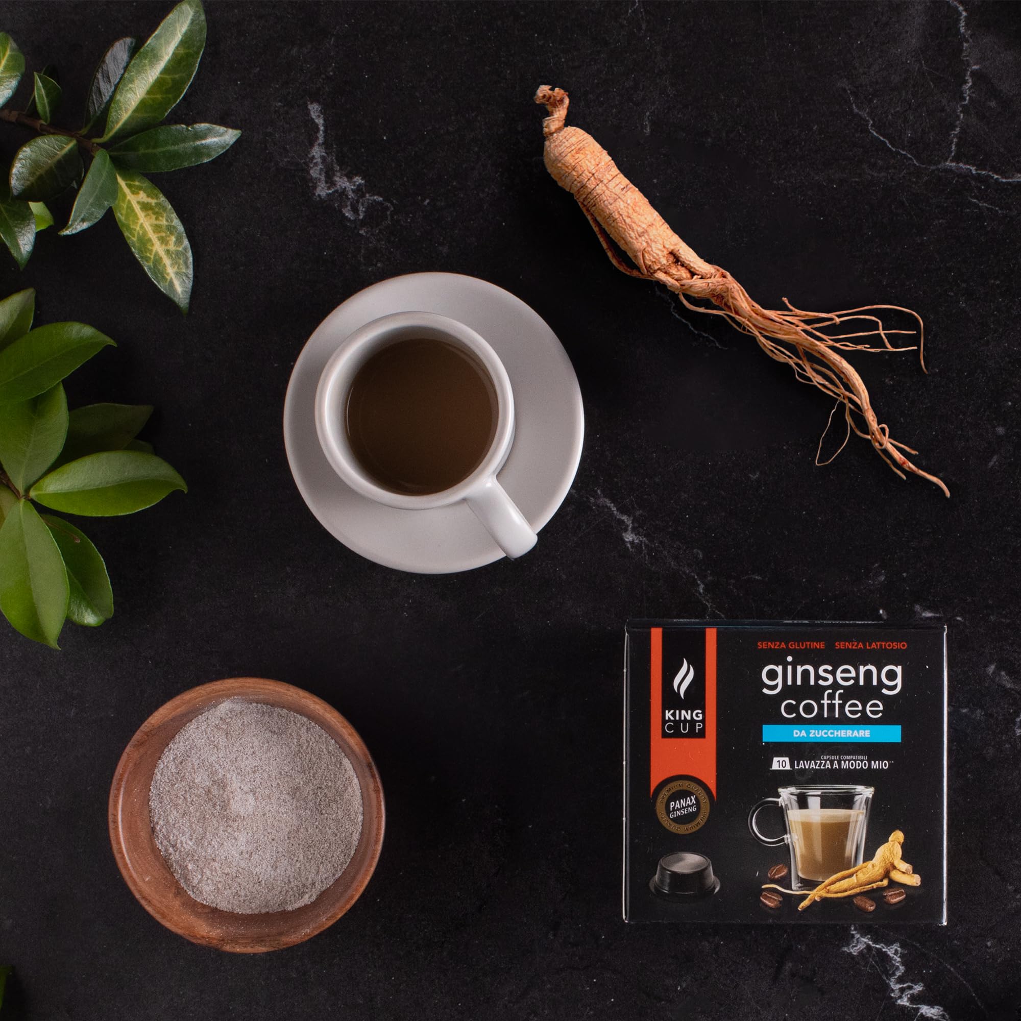 King Cup - 10 Confezioni da 10 Capsule di Ginseng da Zuccherare, 100 Capsule 100% Compatibili con Sistema Lavazza a Modo Mio di Bevanda al Gusto di Ginseng, Senza Glutine e Senza Lattosio