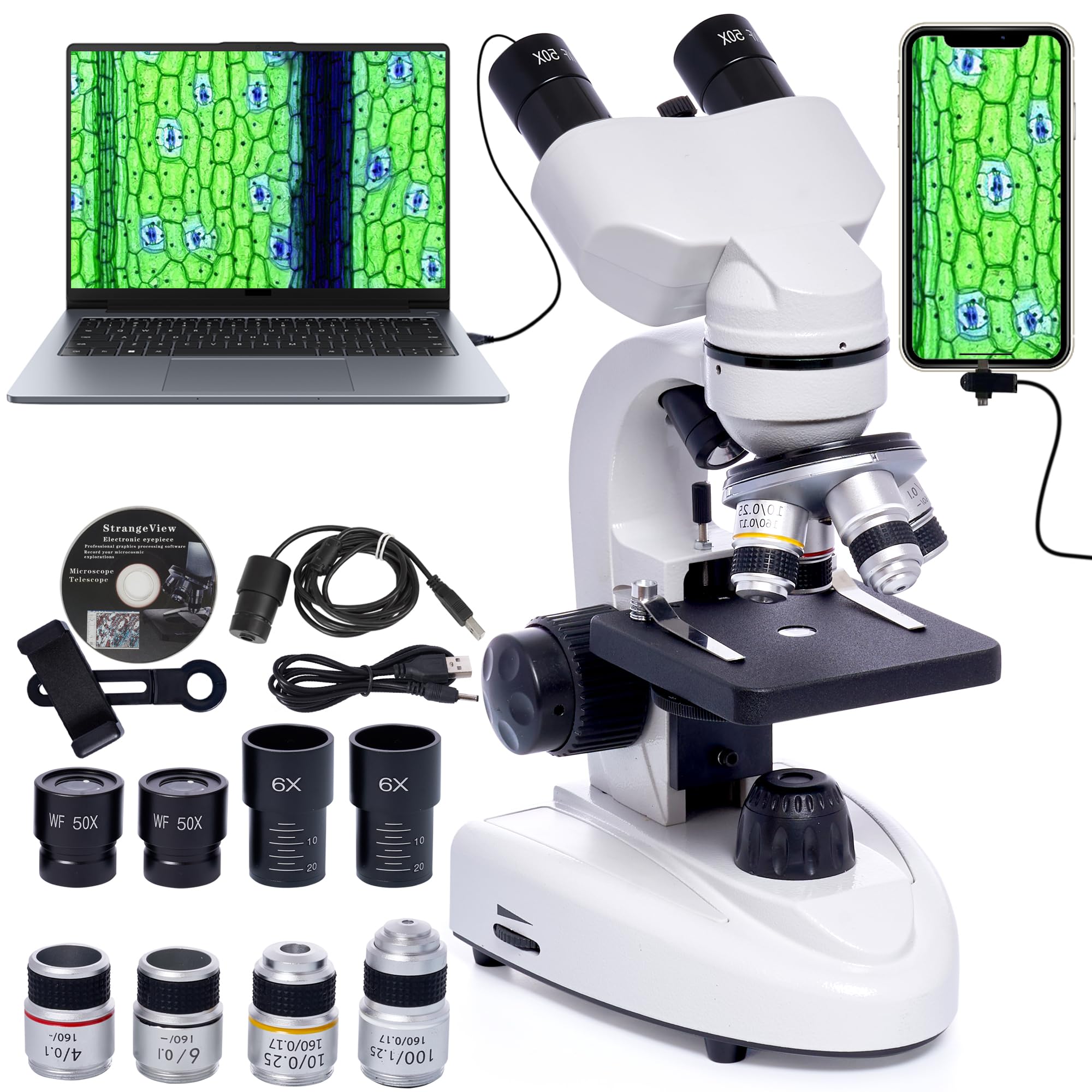 Microscope pour adultes et étudiants, 200X-5000X - Microscopes numériques biologiques binoculaires pour l'éducation à la maison avec oculaire électronique 2 MP, ensemble de lames de microscope