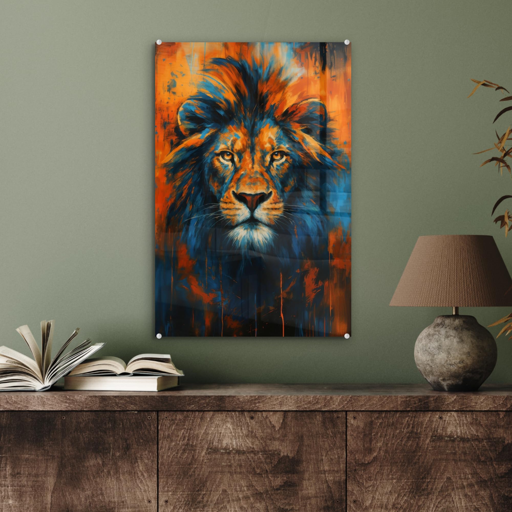MuchoWow© Quadri Grande Formato 40x60 cm Mini Poster Parete Moderno Interno Stampa Foto Su Vetro Salotto Cornice Murale Arredamento Dipinto - Testa Di Leone - Arancione