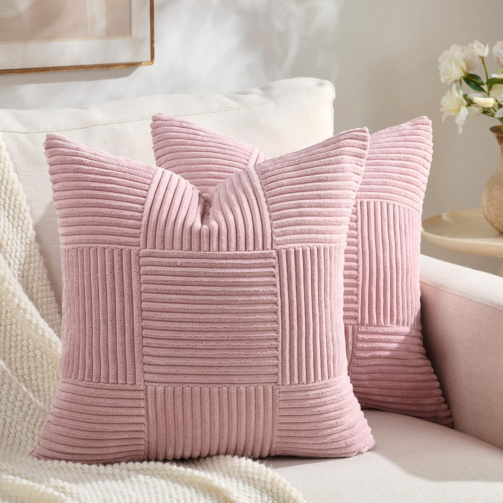 Fancy Homi Set of 2 Blush Pink Boho Decorative Throw Pillow Covers 18x18 Inch for Living Room Bedroom