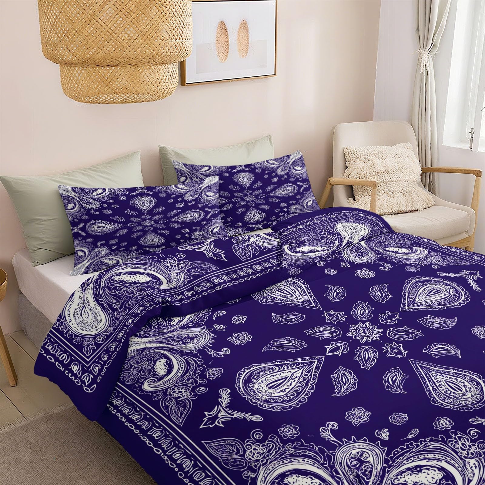 King zestaw pościeli z geometrycznym fioletowym wzorem, dwustronna poszewka na kołdrę 230 x 220 cm, ultrasoft, hipoalergiczna, nie wymaga prasowania, styl paisley, luksusowe zestawy pościeli z
