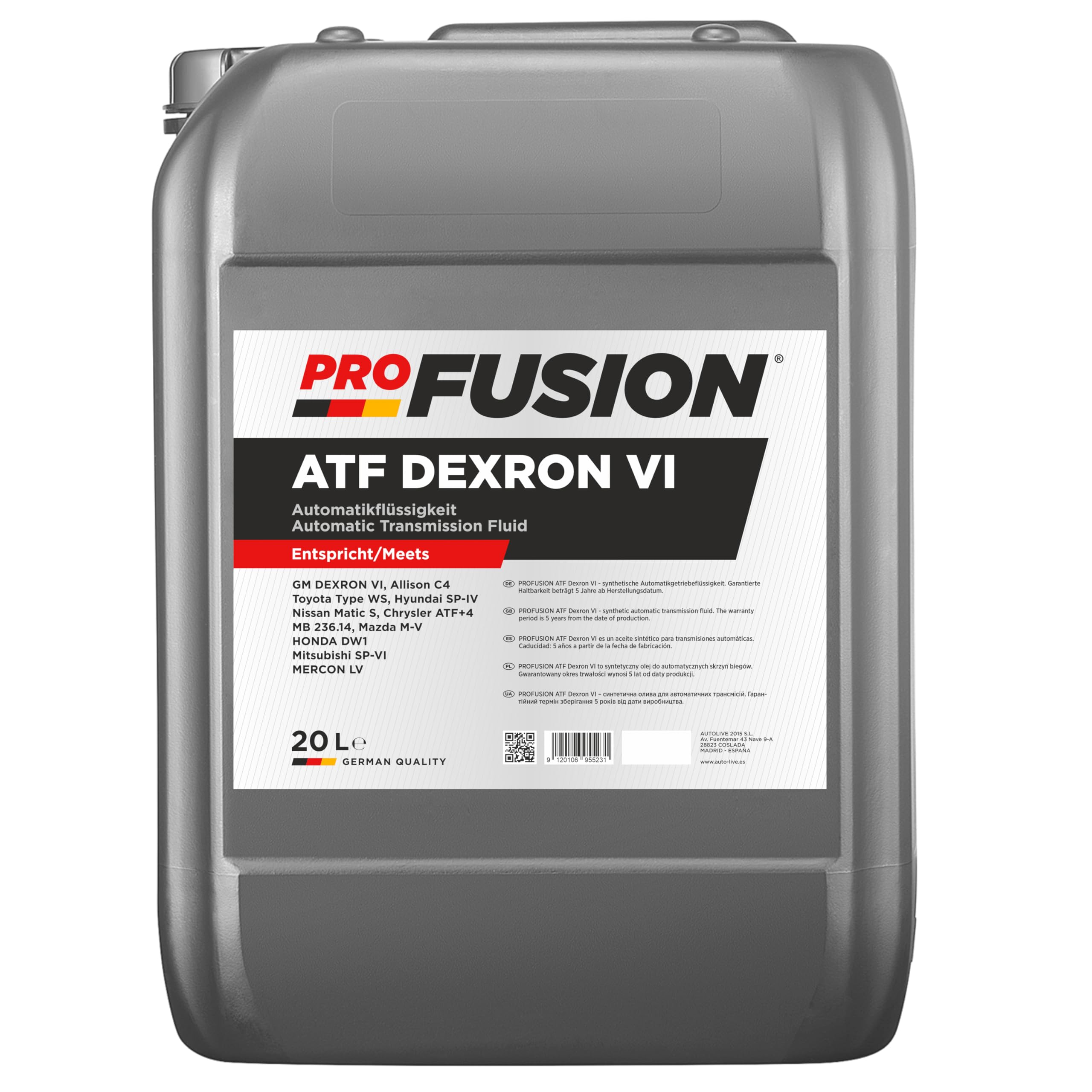 ProFusion ATF Dexron VI 20L – Aceite de Transmisión Automática Sintético – Cambio Suave, Protección Antidesgaste y Alta Estabilidad