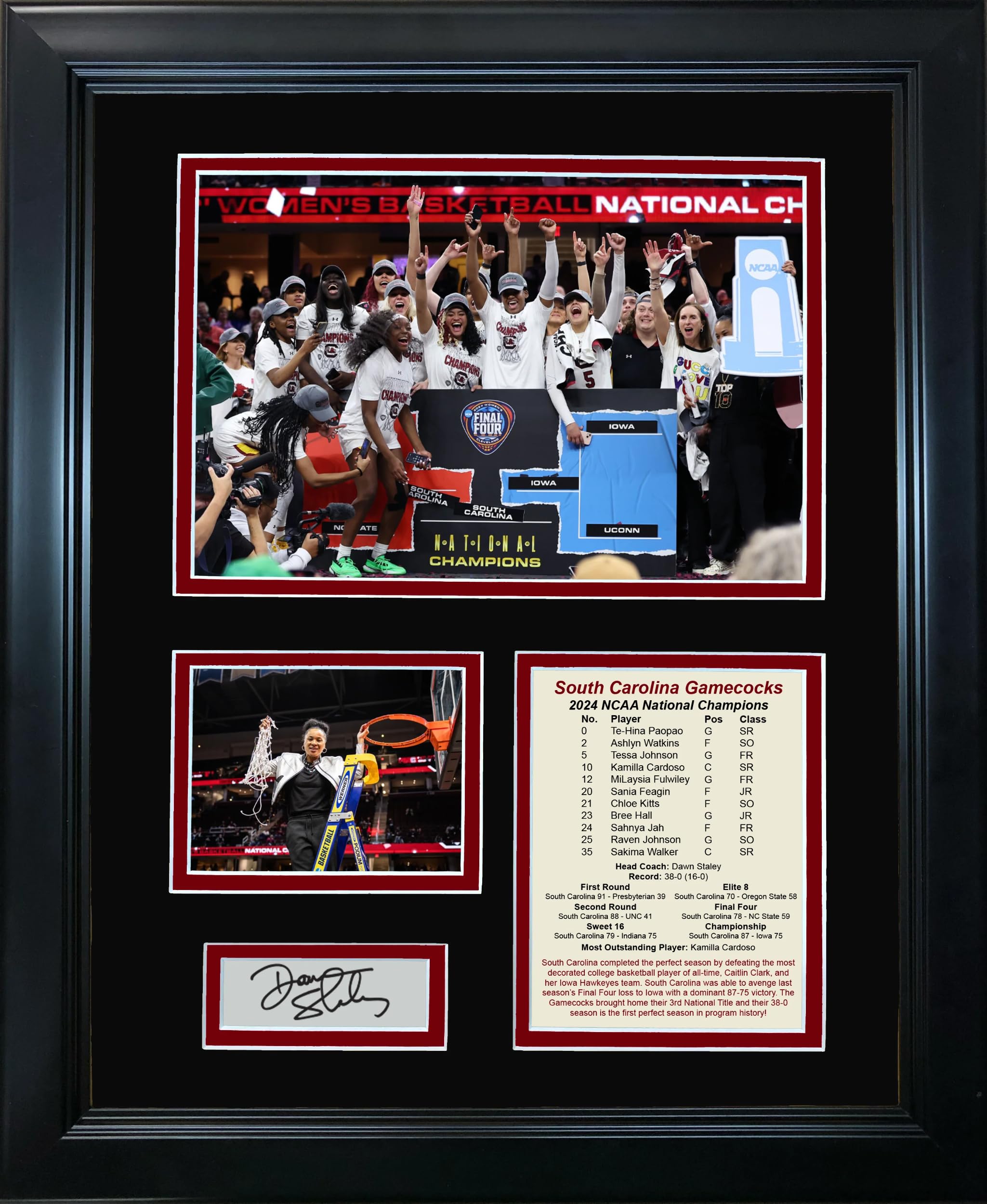 Framed South Carolina Gamecocks 2024 Women's NCAA National Champions Dawn Staley Facsimile Laser Engraved Signature Auto 11