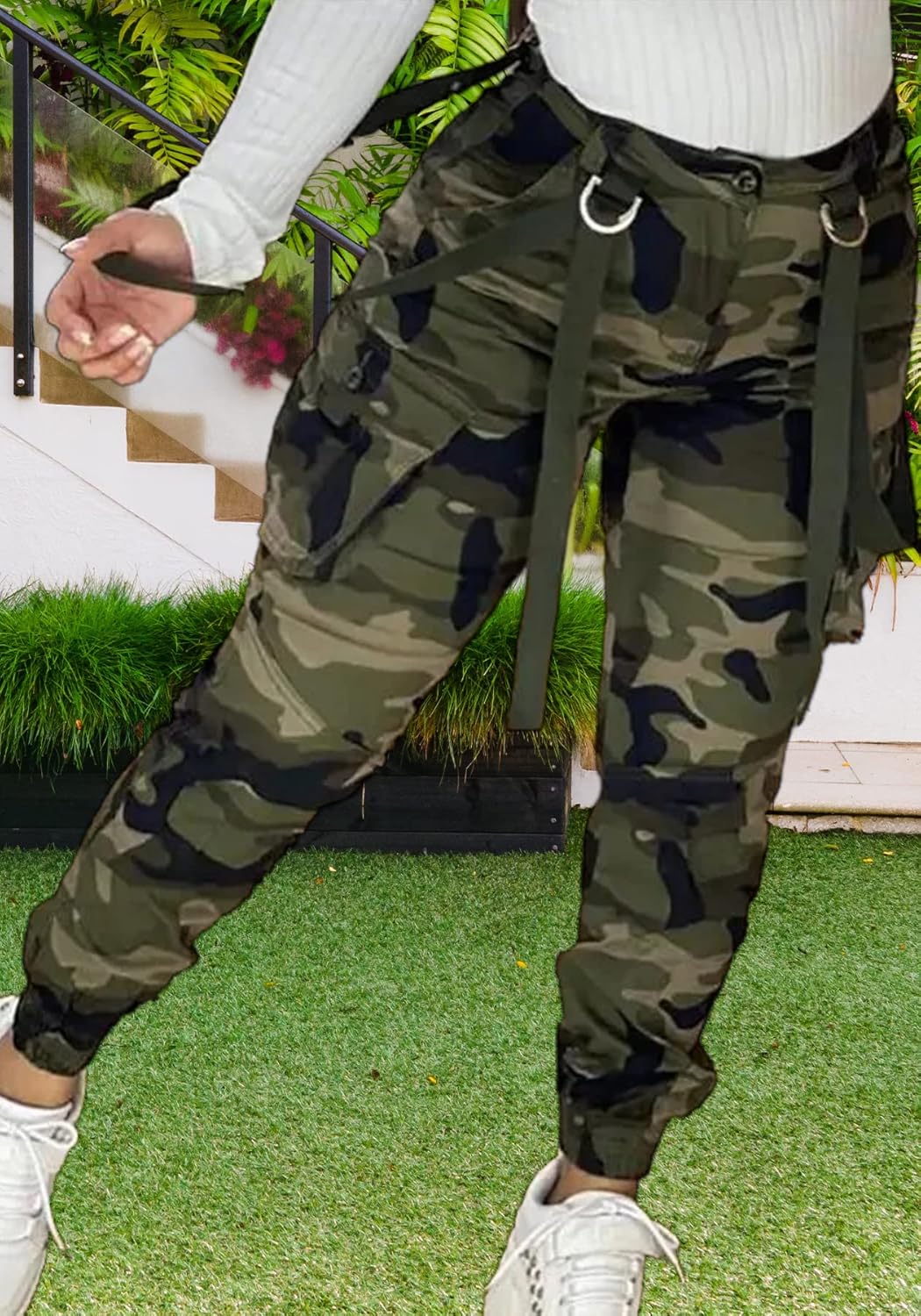 Womens Camo Cargo High Waist Pants Camouflage Military Elastic Trousers with Pockets - Image 4