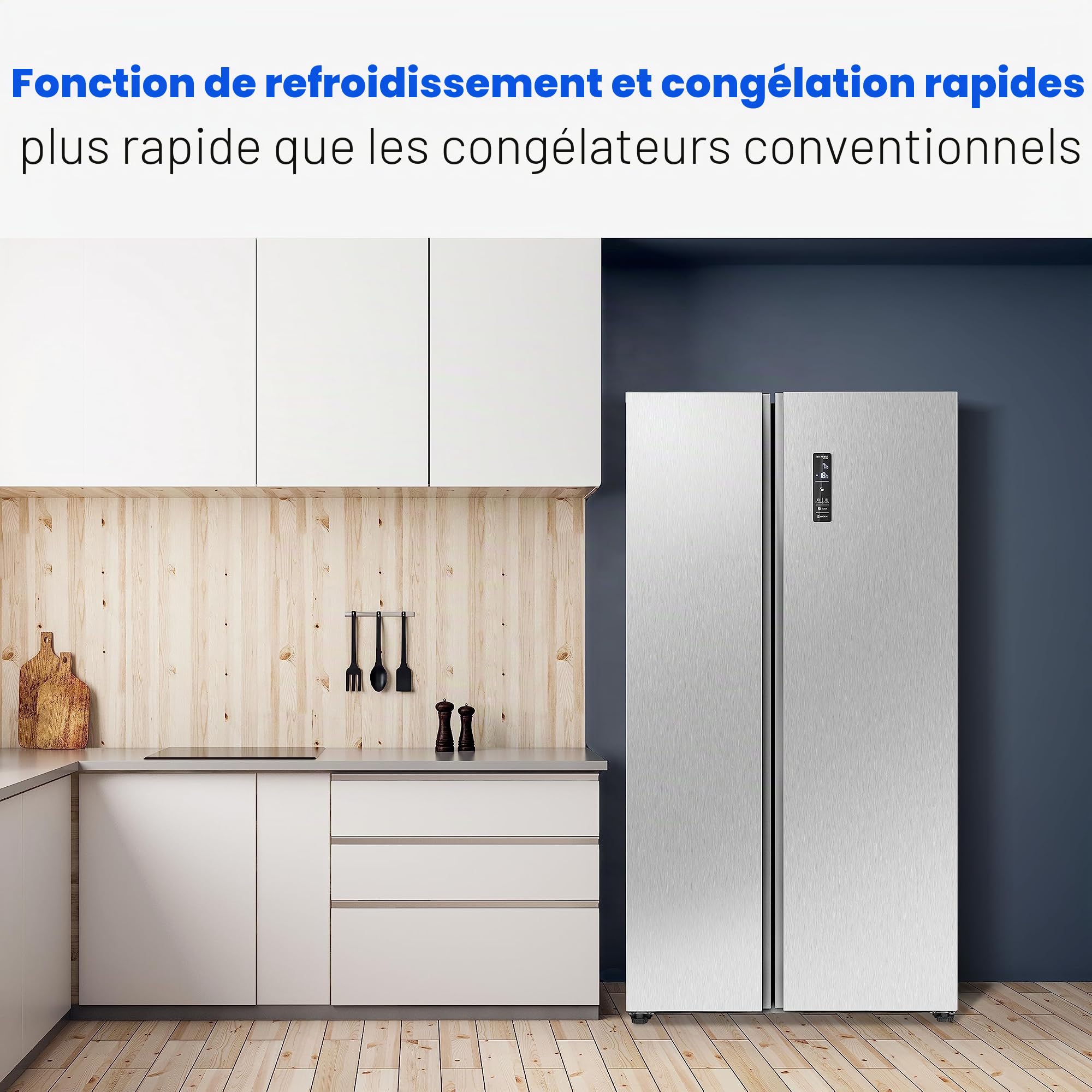 Bomann Combiné réfrigérateur-congélateur SBS 7344, NoFrost, fonction de refroidissement rapide, fonction de congélation rapide, mode économie d'énergie, fonction automatique, Inox