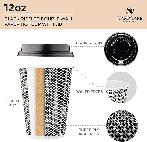 Miniatura 10 de Paquete de 100 tazas de café desechables de 12 onzas, vasos de papel de doble pared con tapas, diseño geométrico marrón, tazas a prueba de fugas