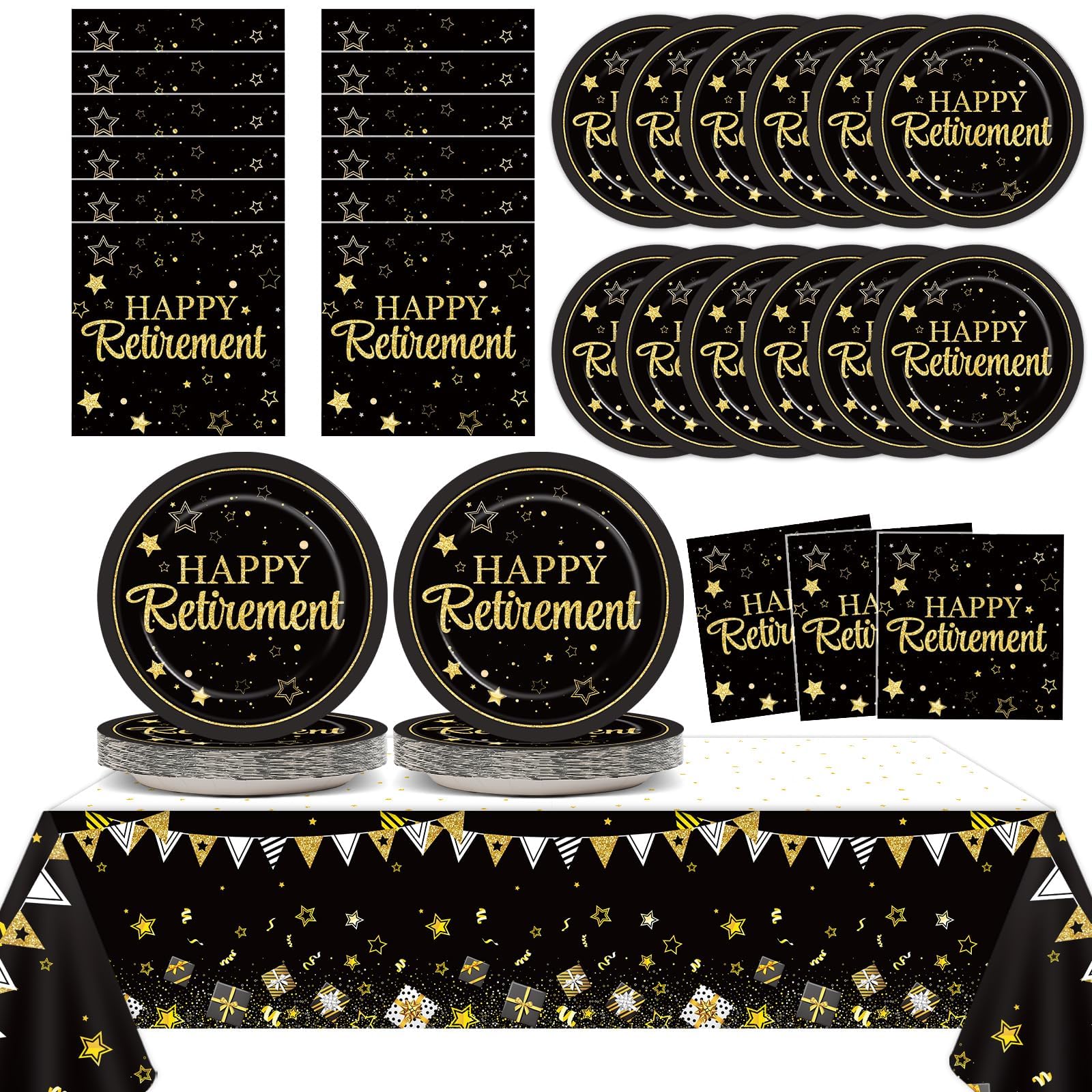 Happy Retirement Party Supplies Serves 24 Black and Gold Retirement Party Paper Plates Napkins Retirement Tablecloth Set Tableware Kit for Men Women Say Goodbye Party