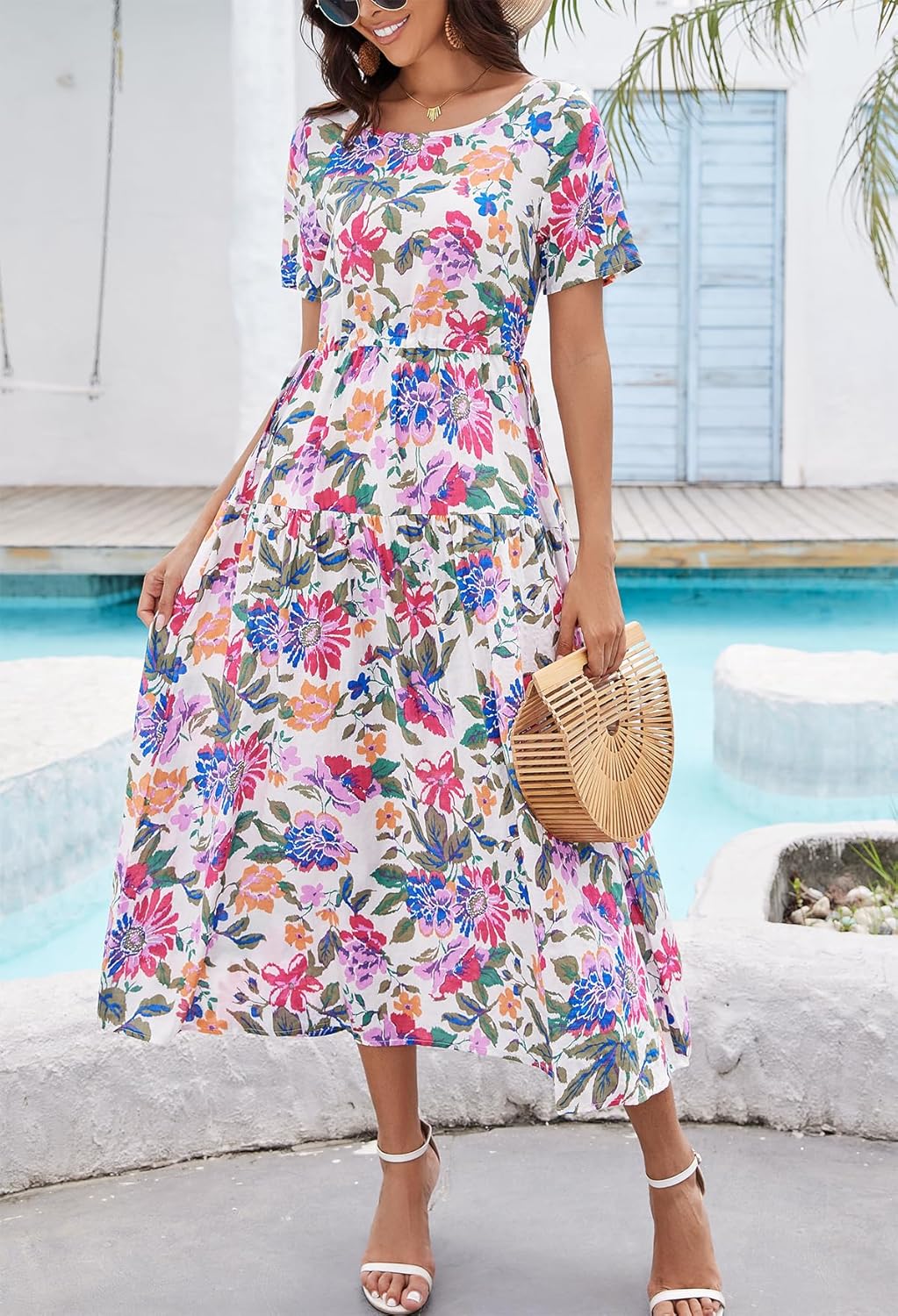 Kormei Women Casual Short Sleeve Loose Drawstring Bohemian Floral Dress Summer Beach Swing Long Maxi Dresses - Image 3