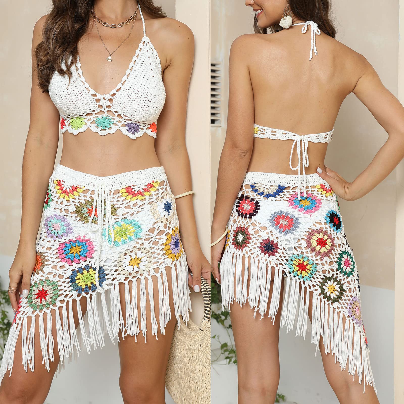 Mujeres Hecho a Mano Crochet Borla De Punto Bikini Conjunto Sin Mangas Hueco Núcleo Top Top Cintura Slips Traje De Baño