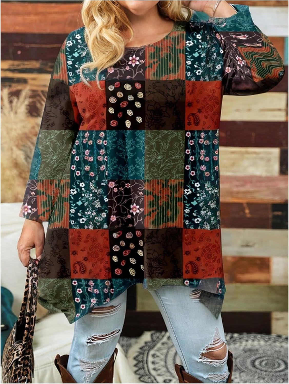 SOLY HUX Women's Plus Size Boho Floral Tunic Tops 3/4 Sleeve Crew Neck Tee Fall Casual T Shirt - Image 2