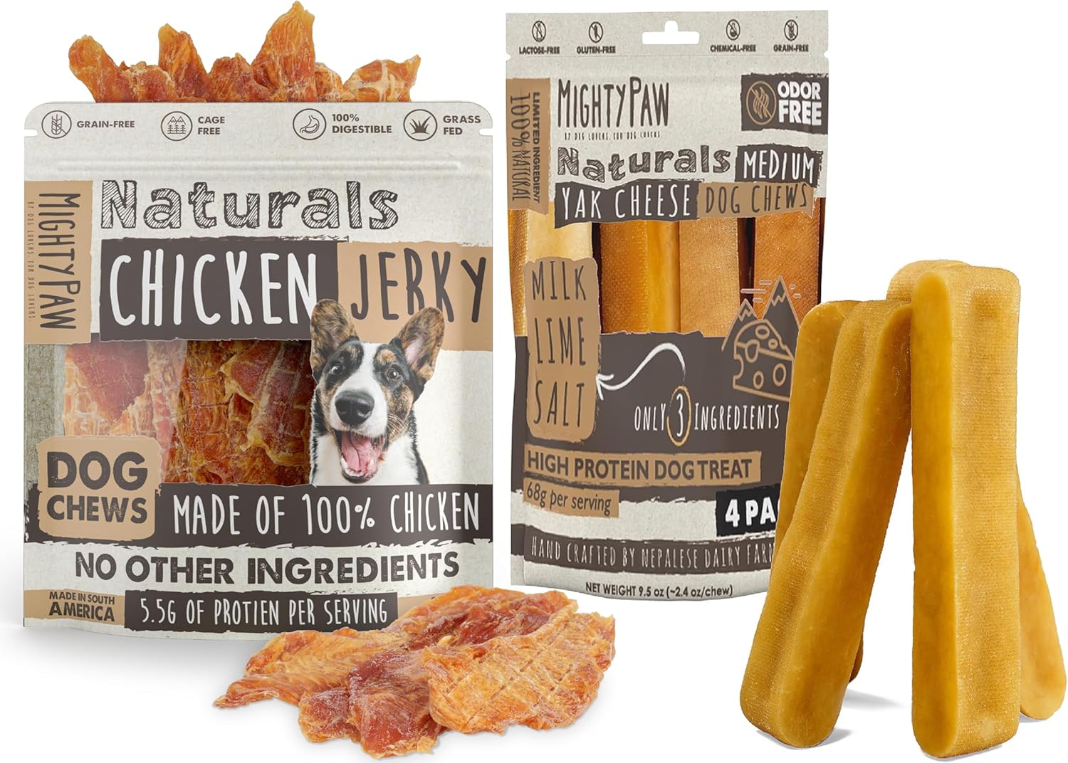 Mighty Paw Naturals Chicken Jerky for Dogs Yak Cheese Chews for Dogs | Natural Treat for Large Pets, and Puppies | Dog Treats