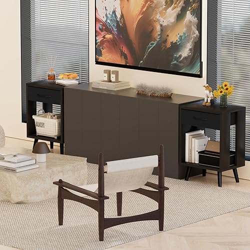 Miniatura 5 de GYIIYUO Juego de 2 mesitas de noche con cajón de almacenamiento de tela y estante de madera abierto, mesa auxiliar con almacenamiento para