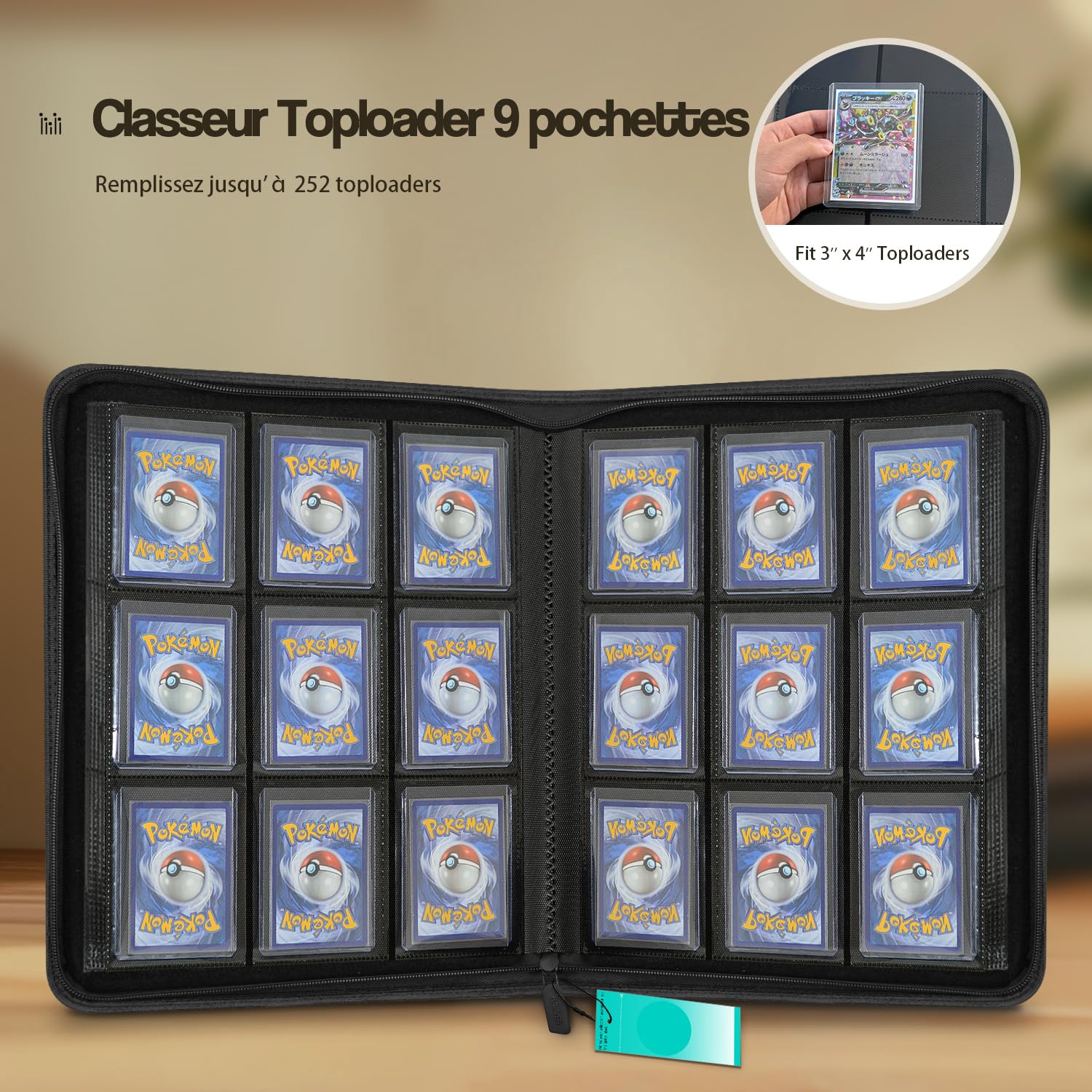 Classeur Grand Format 9 Pochettes pour 252 Toploaders avec Pochettes à Chargement Latéral pour Cartes de Collection en Toploader 3" x 4" (Noir)