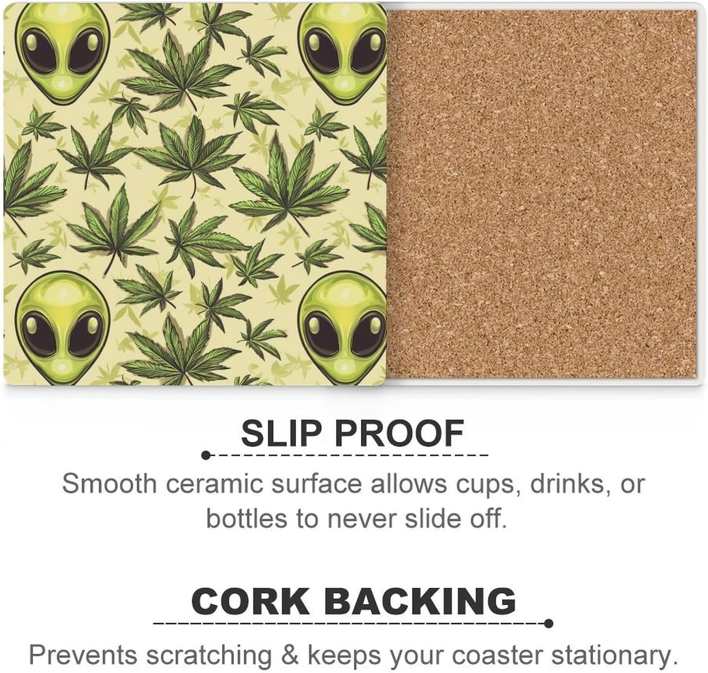 Aliens-Weed Leaf Coasters for Drinks Square Table Coasters Set Cup Mats with Cork Base
