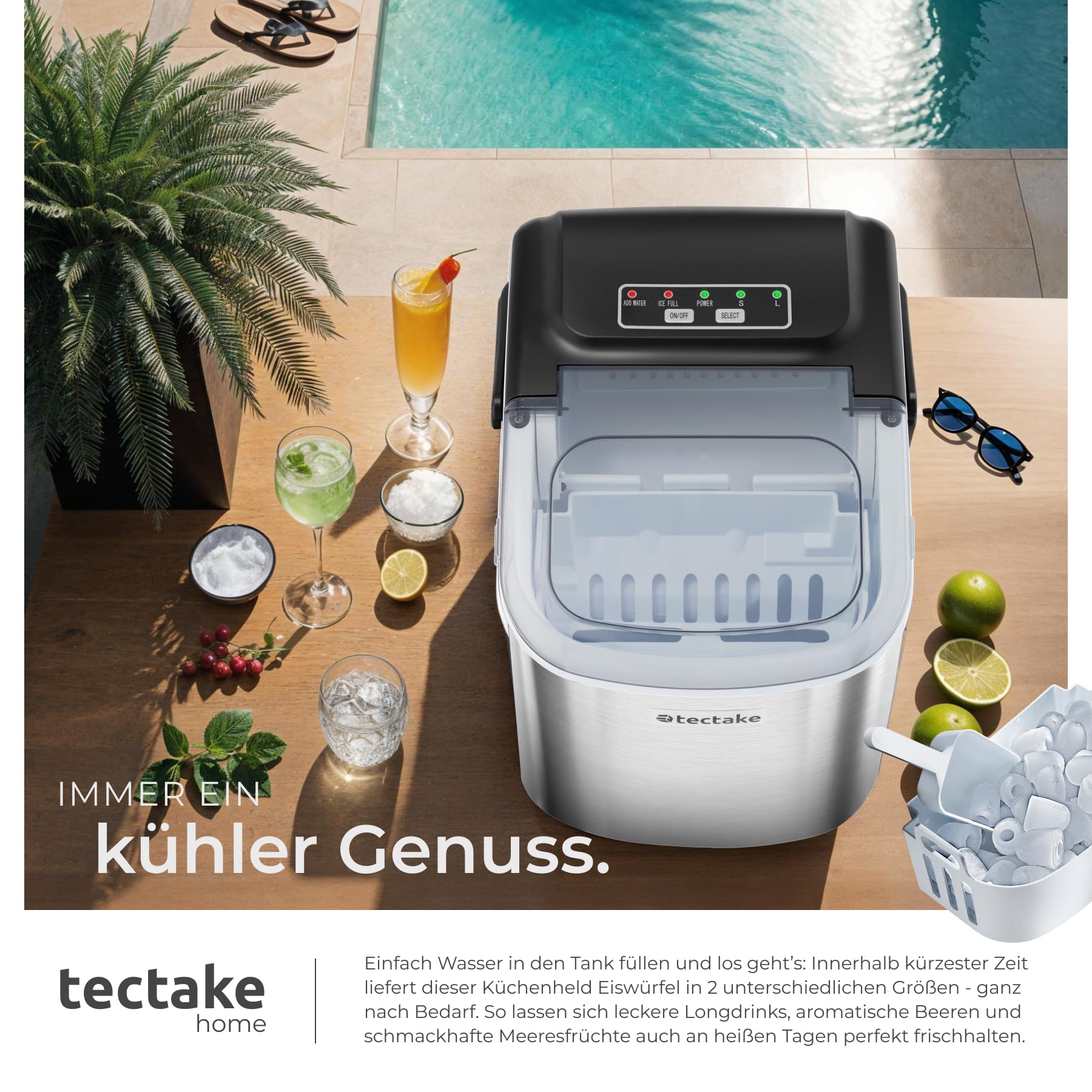 tectake® Eiswürfelmaschine, Ice Maker mit Griff, Eiswürfelbereiter, Maschine bereitet 9 Würfel in 6min, 12kg in 24h, 1,2 l Volumen, 2 Eiswürfelgrößen, selbstreinigend, mit Eisschaufel, Bar - silber