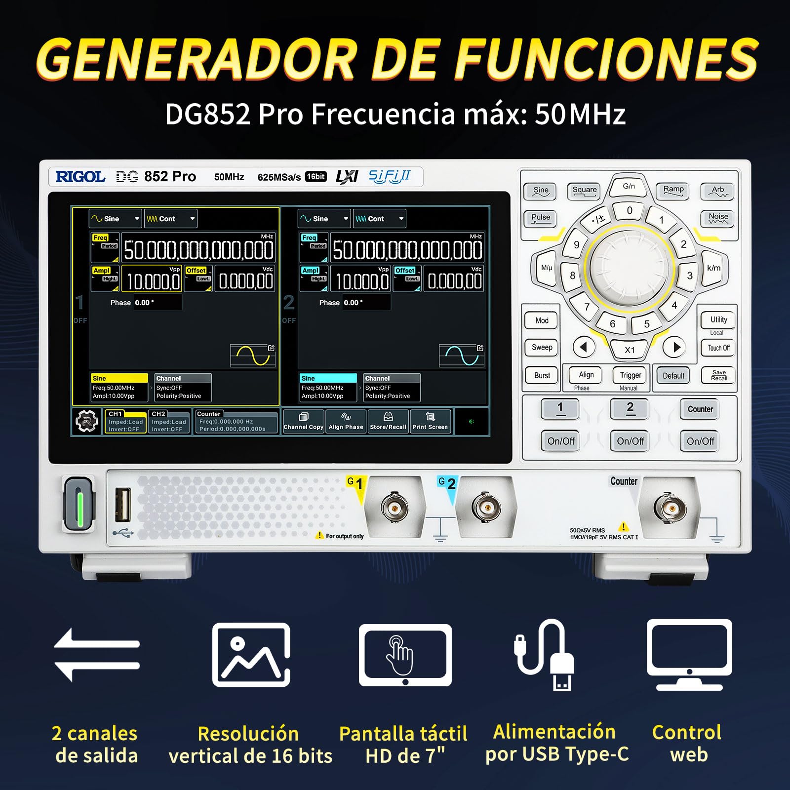 RIGOL Generador de Funciones, DG852 Pro Generador de Señales,50 MHz,2 Canal,Resolución de 16 bits,Pantalla táctil HD de 7 pulgadas,Ultra portátil,Ideal para pruebas en campo y enseñanza en laboratorio