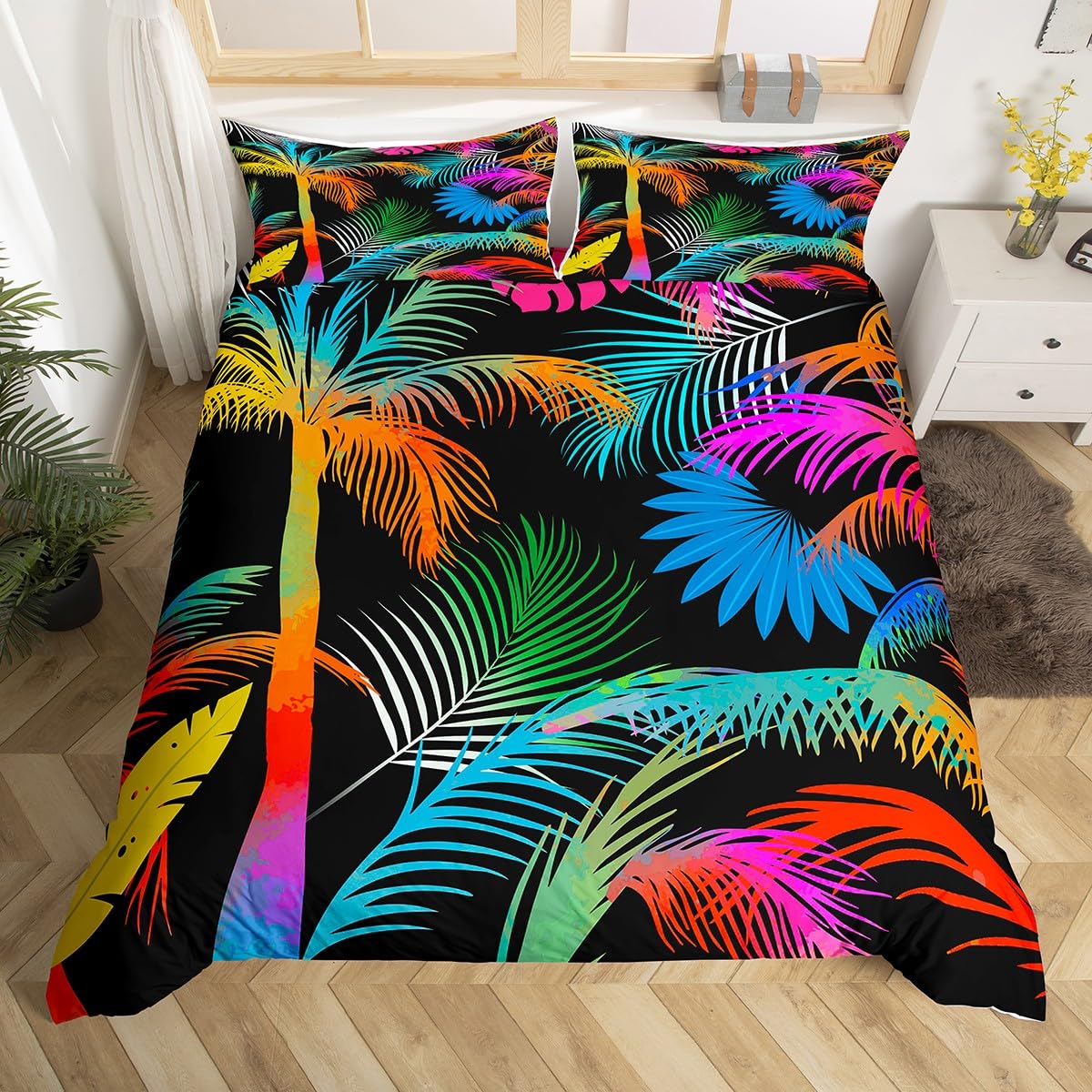 Parure de lit housse de couette palmier et cocotier nature lit double