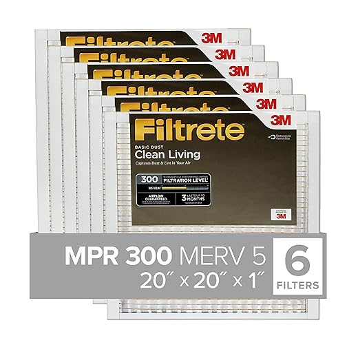 Filtrete 20x20x1 Air Filter, MPR 300, MERV 5, Clean Living Basic Dust 3-Month Pleated 1-Inch Air Filters, 6 Filters