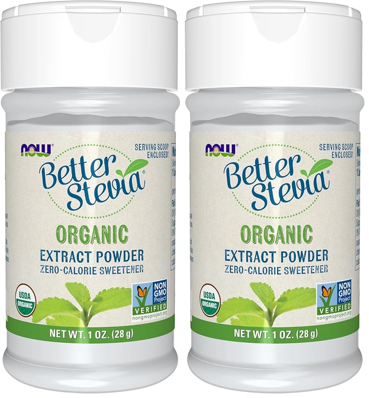 NOW Foods Adoçante de stevia orgânica em pó, pacote com 2 frascos de 28 g