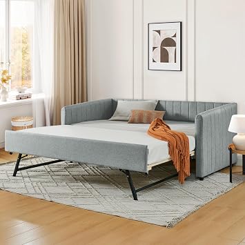 Daybed with Pop Up Trundle Bed, Modern Upholstered Linen Twin Size Day Bed Frame with Stripes, Tufted Corner Sofa Bed Furniture for Bedroom, Guest Room, Living Room, No Box Spring Required, Grey