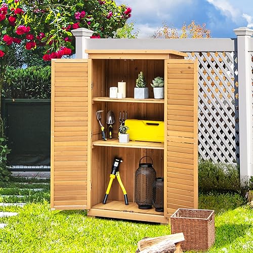 Miniatura 8 de GOFLAME Armario de almacenamiento para exteriores de 63 pulgadas, cobertizo de almacenamiento de madera con 3 estantes extraíbles, techo de asfalto