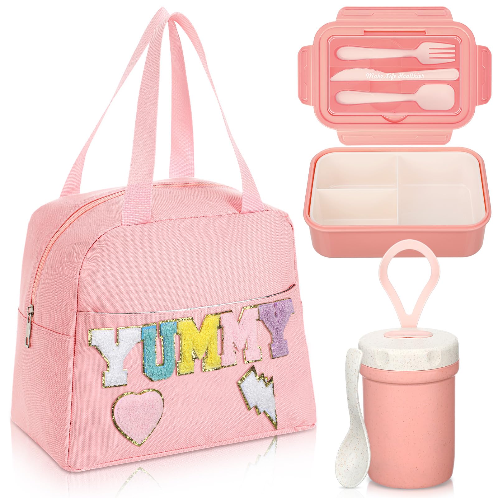 Dandat Preppy Sac à déjeuner pour femme et fille Rose Boîte à bento avec compartiments et tasse à soupe pour filles, adultes, adolescents, école, voyage, pique-nique