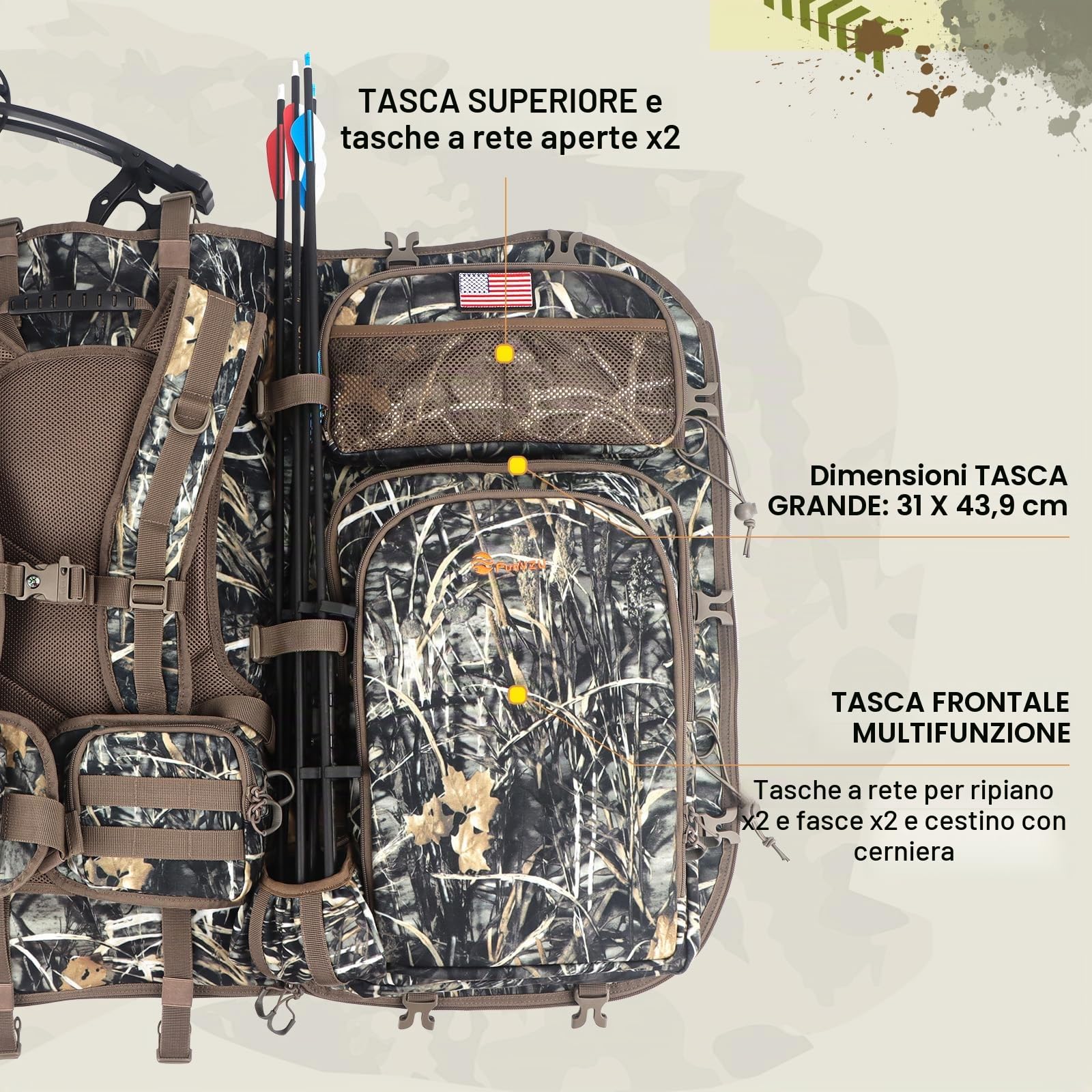 Zaino da caccia da uomo, borsa da caccia con supporto per arco, zaino da caccia composto con arco e borsone
