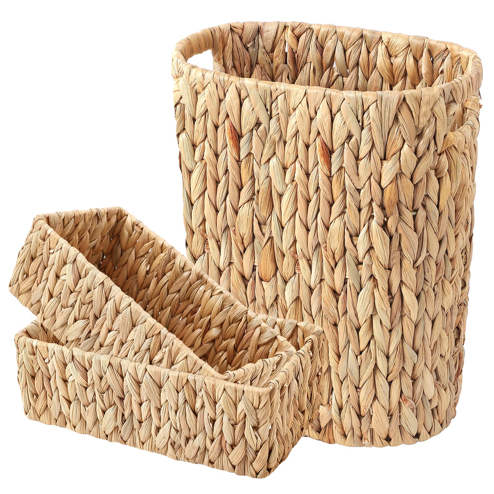 BSSN Water Hyacinth Trash Can 15L Toilet Tank Basket Natural Wicker Waste Bin with 2 Multifunctional Organizer Baskets