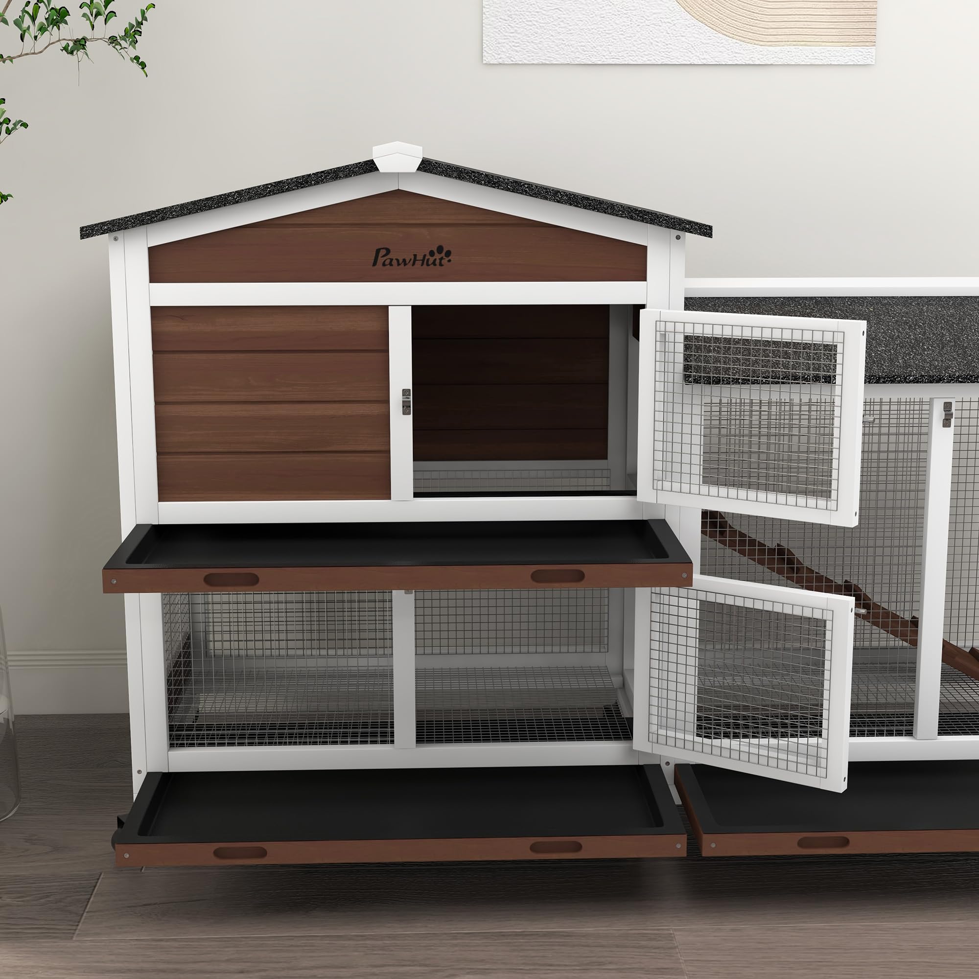 PawHut Conejera de Madera con Ruedas 157,4x53x99,5 cm Jaula para Conejos Grande con Techo Asfáltico Bandejas Extraíbles y Rampa para Exterior e Interior Marrón