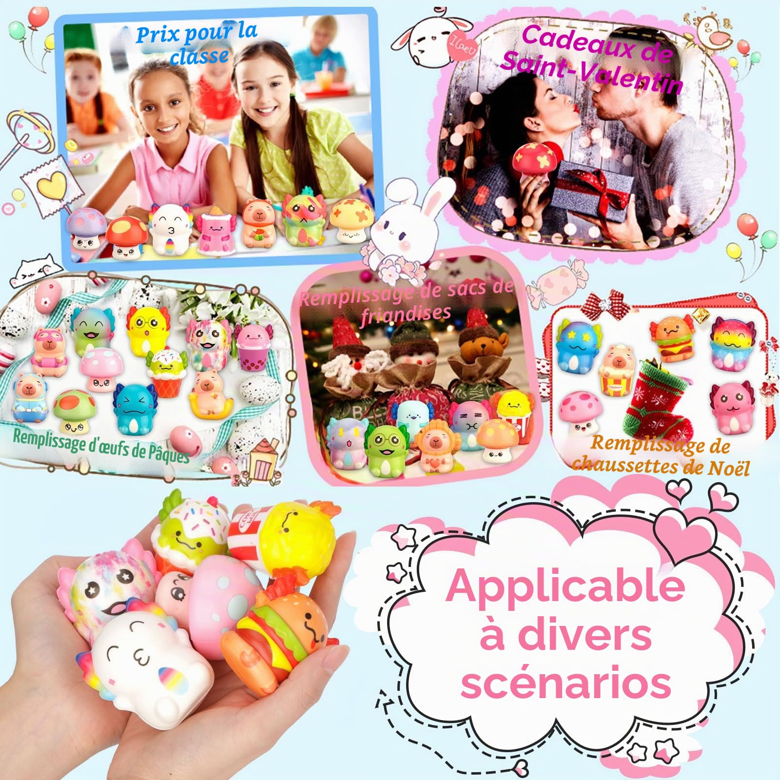 Purpledi Squeeze Toys Squishy Lot de 50 jouets pour fêtes pour enfants, jouets anti-stress à presser doux, cadeau de Noël, cadeaux de fin de fête d' anniversaire