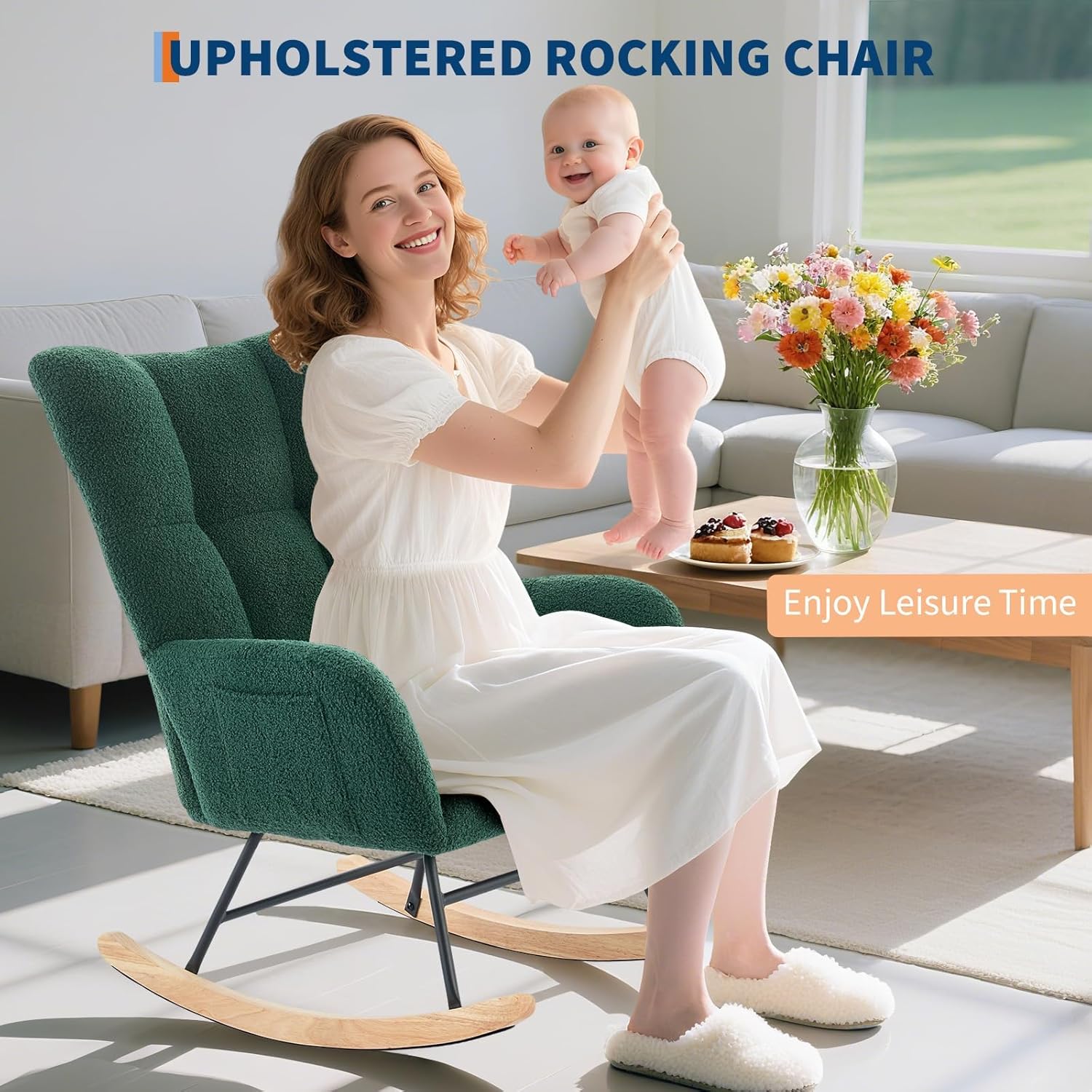 Teddy Glider Rocker, Nursery Nursing Chair for Adults, Compact Space-Saving Rocking Chair for Living Room, Bedroom & Small Spaces,Dark Green