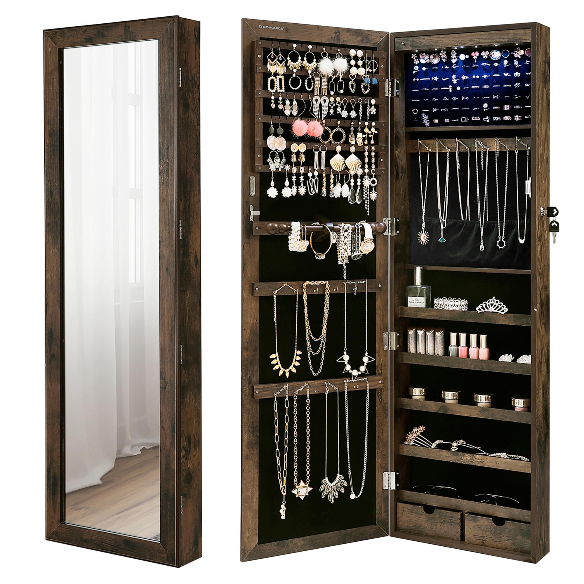 SONGMICS 6 LEDs Mirror Jewelry Cabinet, 47.2-Inch Tall Lockable Wall or Door Mounted Jewelry Armoire Organizer with Mirror, 2 Drawers, 3.9 x 14.6 x 47.2 Inches, Rustic Brown UJJC93CB