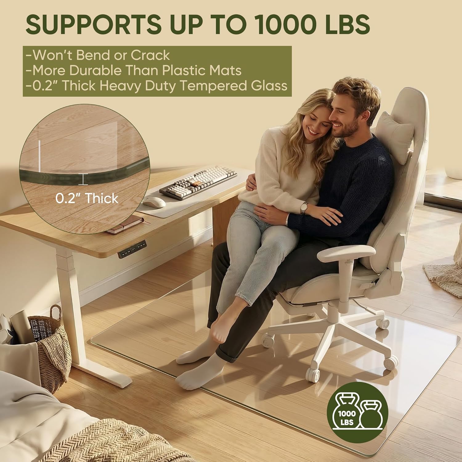 Tempered Glass Chair Mat for Hardwood Floor, 36" x 48" Heavy Duty Glass Office Chair Mat, for Low Pile Carpet, 0.2" Thick with 4 Non-Slip Pads, Smooth Rolling for Home & Office