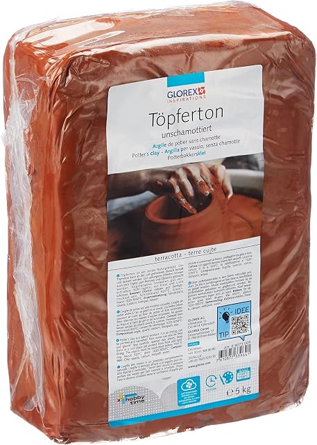 Glorex 6 8073 005, Pottery Clay, Unfired, 5 kg in Terracotta, Smooth and Easy to Use, Without Fireclay Content, Air-Hardening and Flammable, Suitable for Potters Wheels