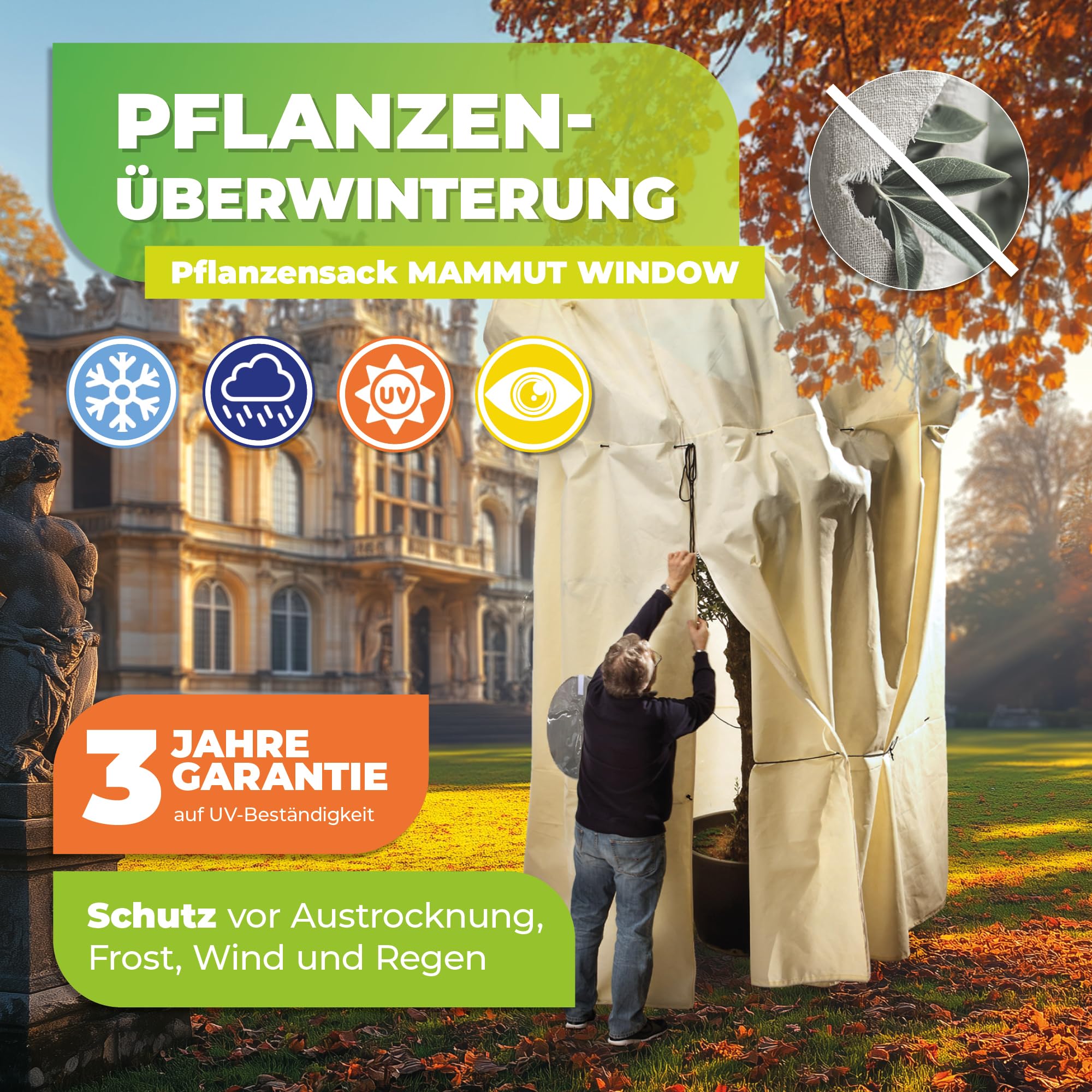 Bio Green Premium Kübelpflanzensack Window Mammut | 360 x 250cm | Frostschutz & Winterschutz | Schutzhülle Kübelpflanzen +Sichtfenster | Pflanzenschutz