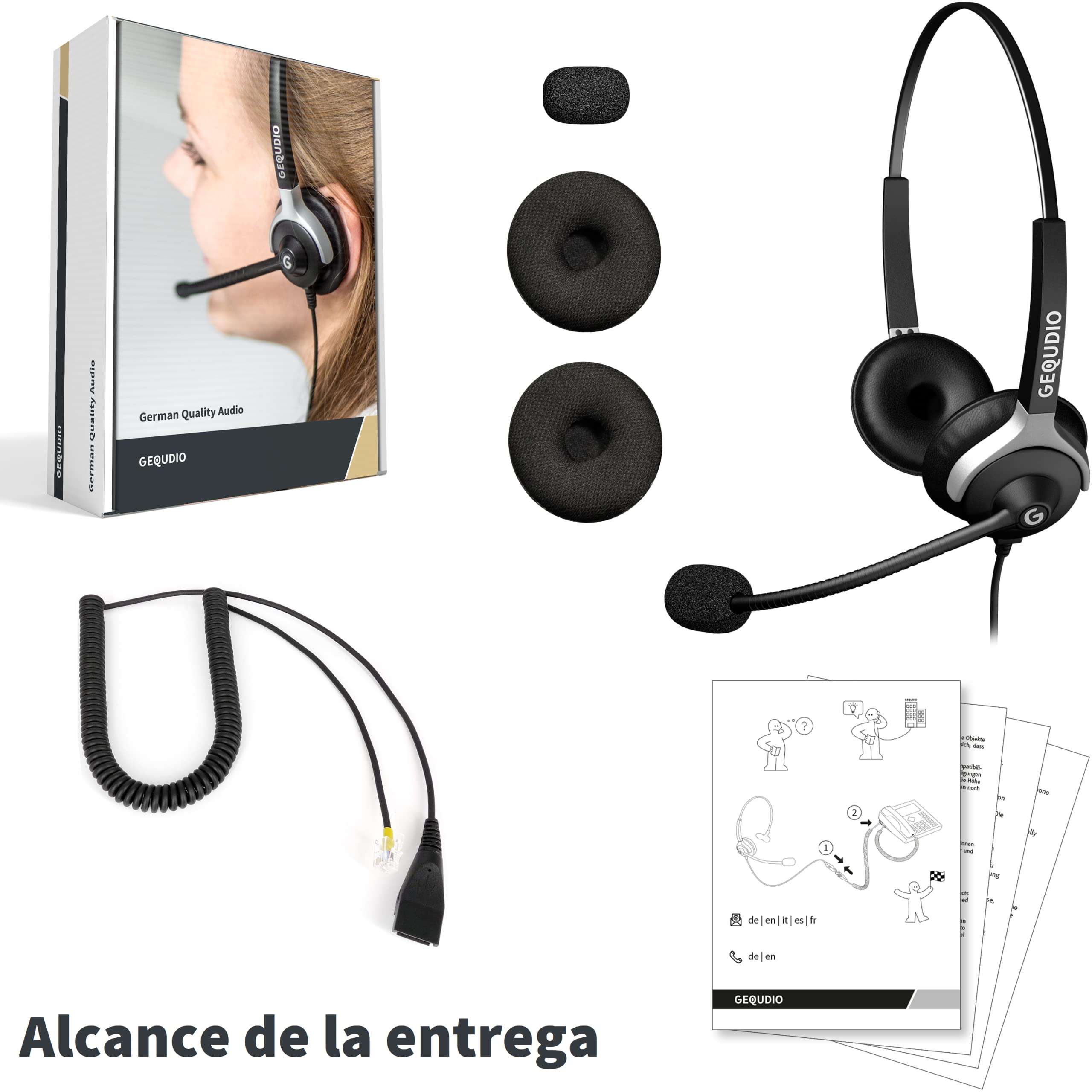 GEQUDIO Auriculares adecuados para Mitel, Aastra, Fanvil, Poly/Polycom y Gigaset teléfono con RJ - Almohadillas de Repuesto para Auriculares - 80 g de Peso (2 Altavoces)